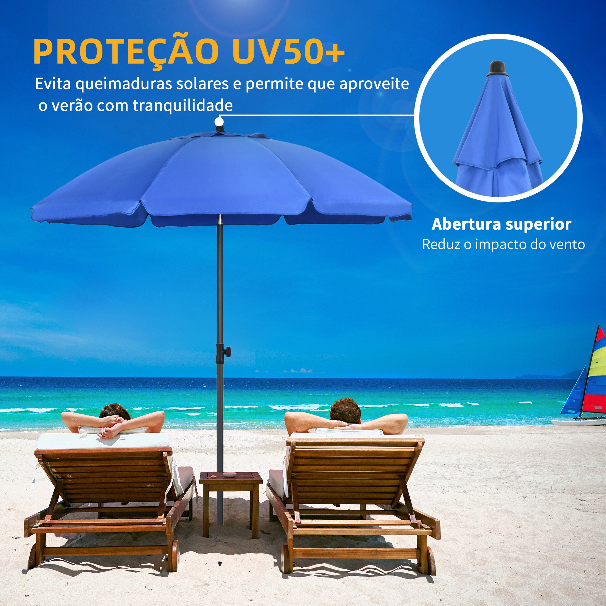 Chapéu de Sol de Praia Ø180 cm Azul - Proteção UV50+ e Ângulo Ajustável