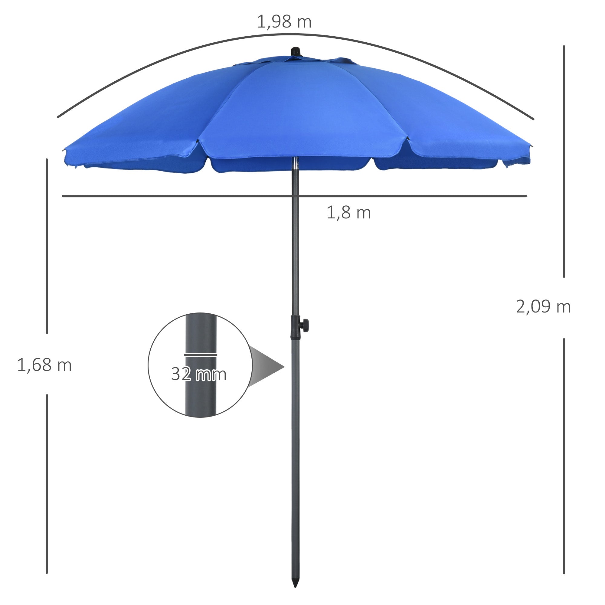 Chapéu de Sol de Praia Ø180 cm Azul - Proteção UV50+ e Ângulo Ajustável