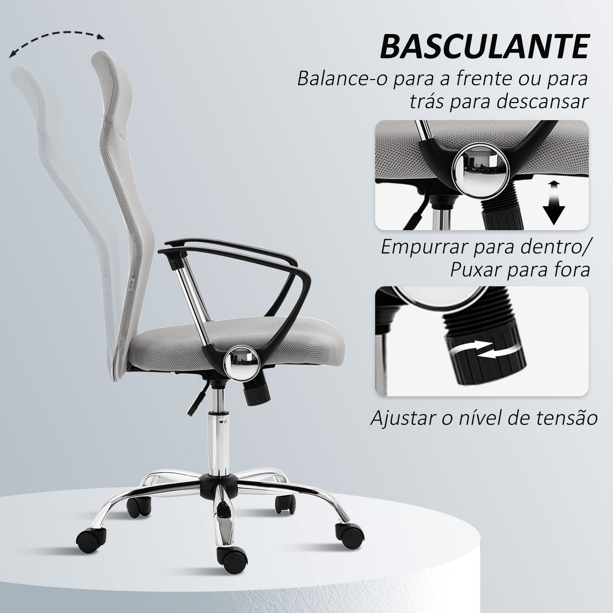 Cadeira de Escritório Cinzenta 63x65x109-119 cm com Encosto de Cabeça e Mecanismo de Inclinação