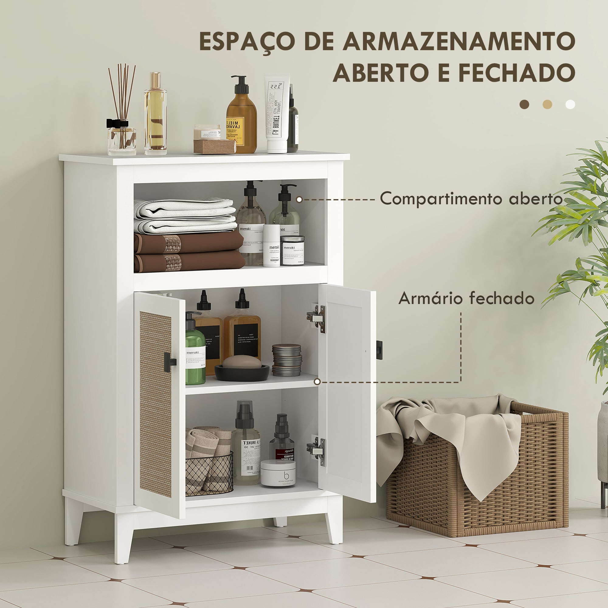 Armário Casa de Banho Boho com 2 Portas em Vime Branco 60x30x90 cm