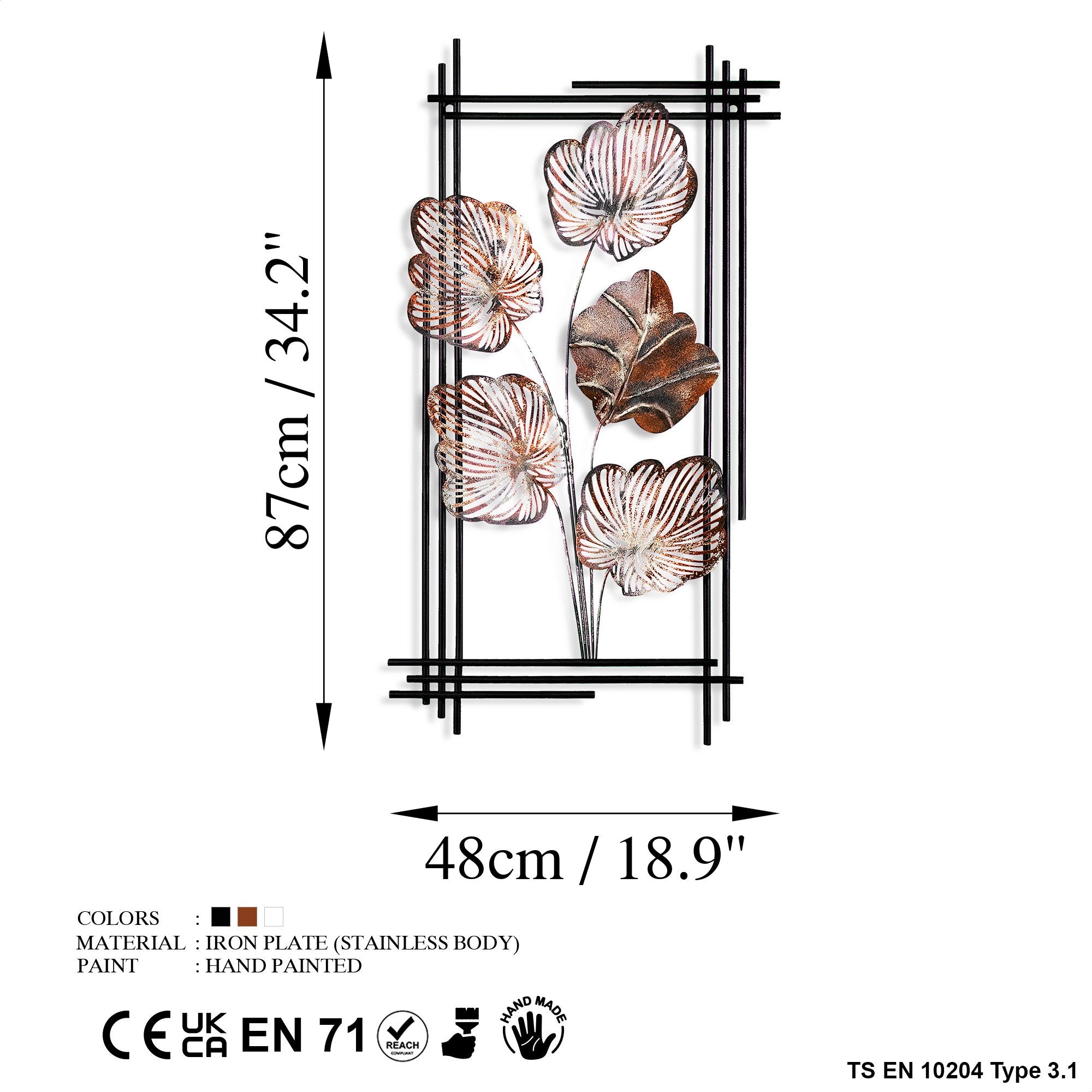 Arte de Parede Metálica Daiyu 3 Multicolor - Acessório Decorativo Artesanal 48x87cm