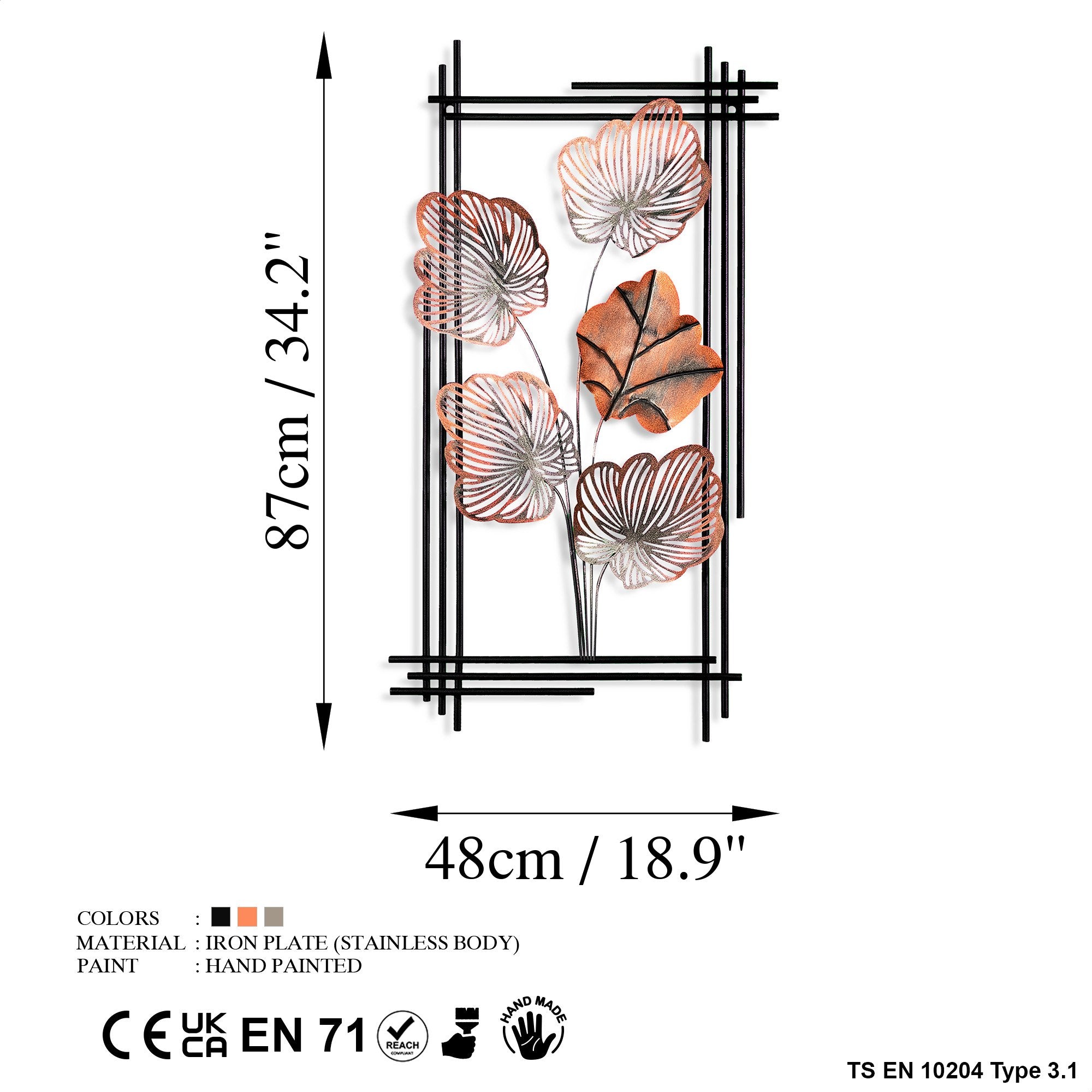 Arte de Parede Metálica Daiyu 4 Multicolor - Acessório Decorativo Artesanal 48x87cm