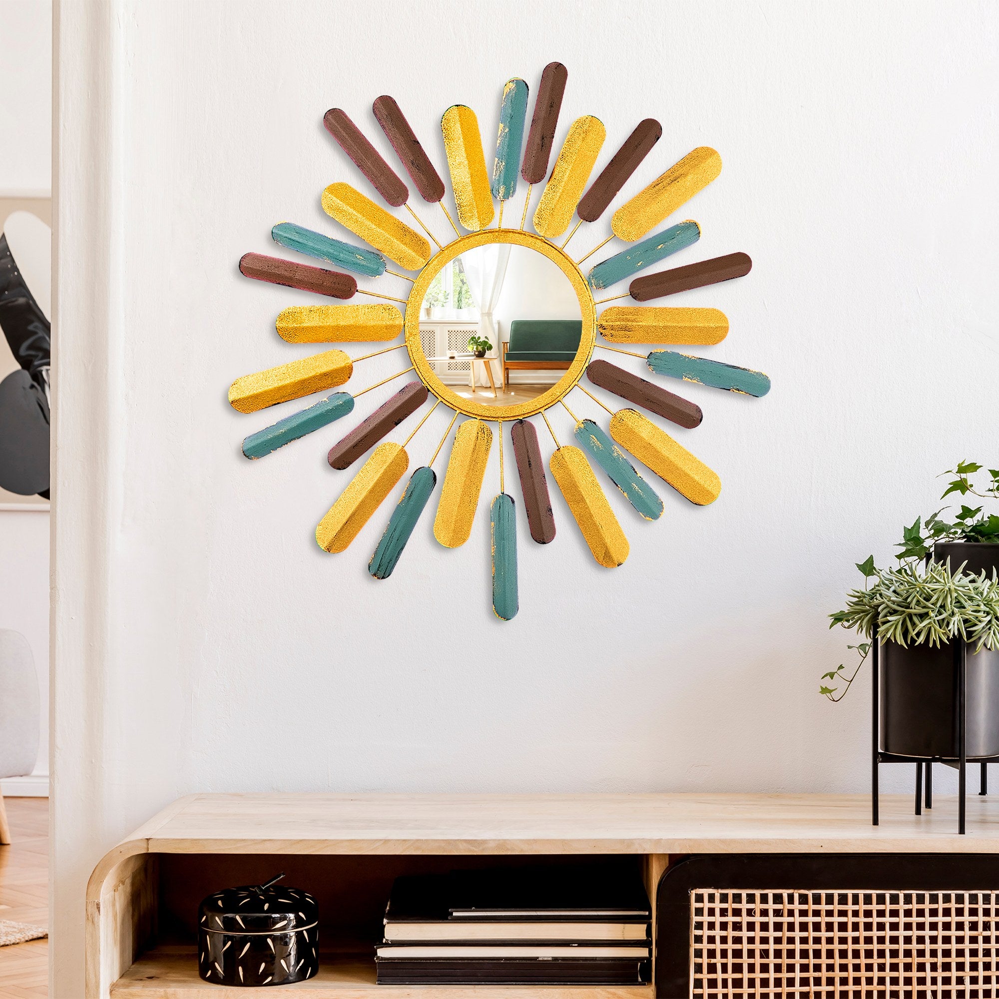 Espelho Decorativo Sol Multicolor 75x75cm - Metal Artesanal para Parede