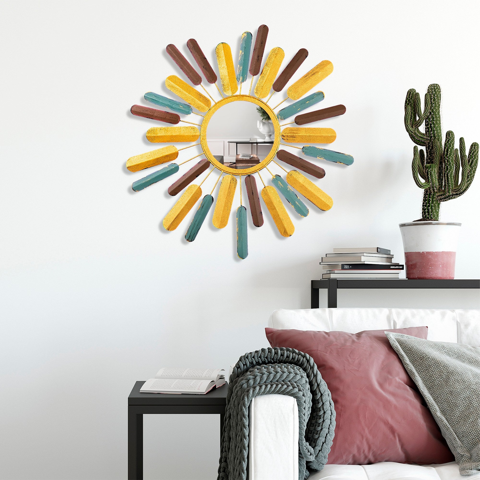Espelho Decorativo Sol Multicolor 75x75cm - Metal Artesanal para Parede