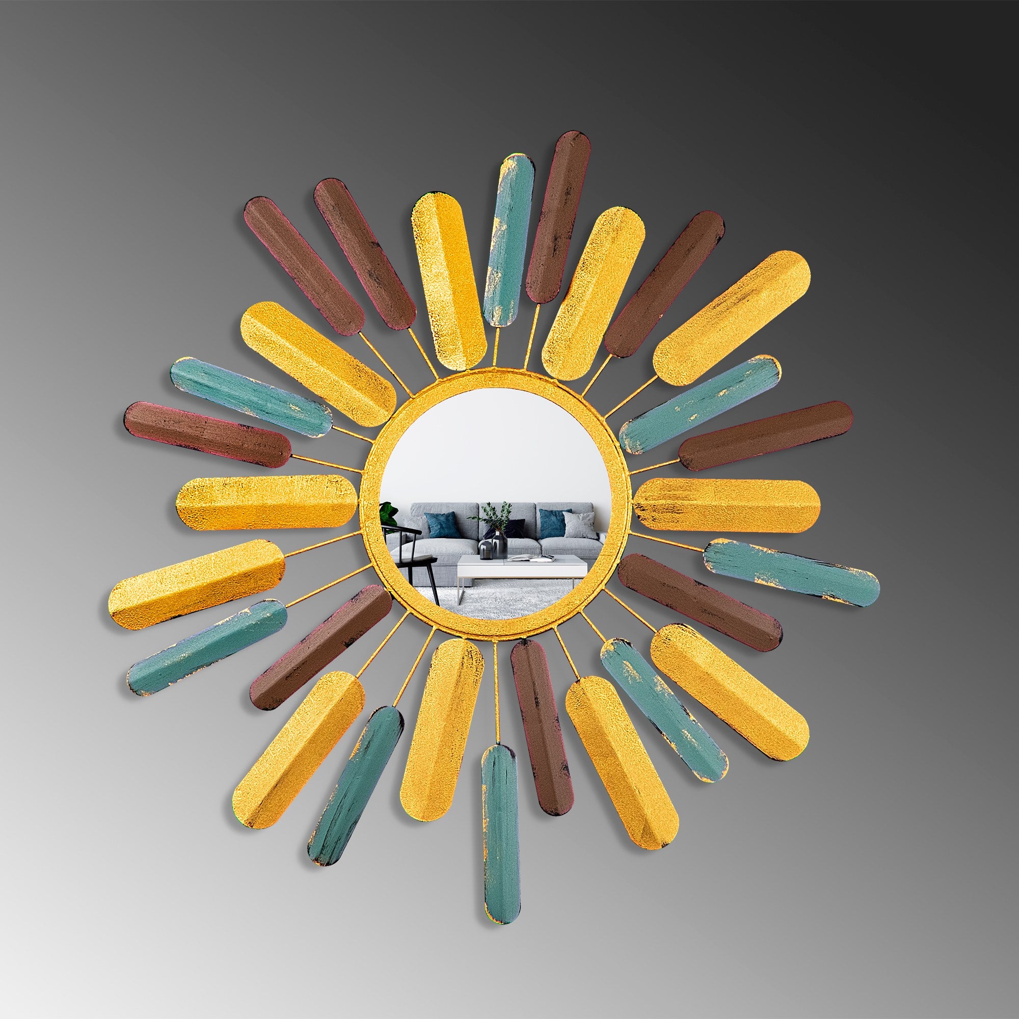 Espelho Decorativo Sol Multicolor 75x75cm - Metal Artesanal para Parede
