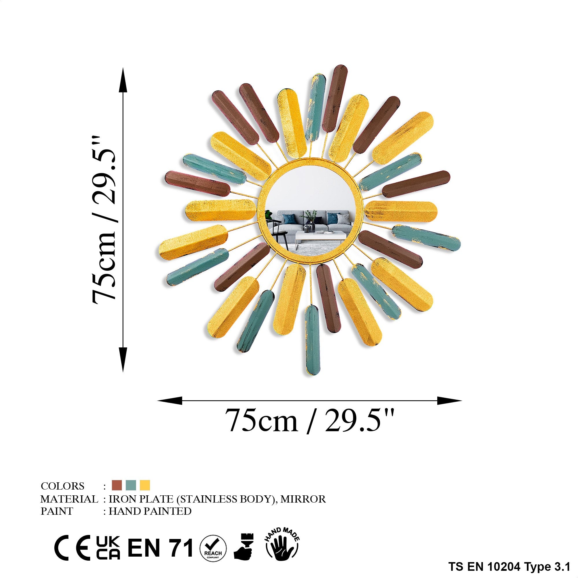 Espelho Decorativo Sol Multicolor 75x75cm - Metal Artesanal para Parede
