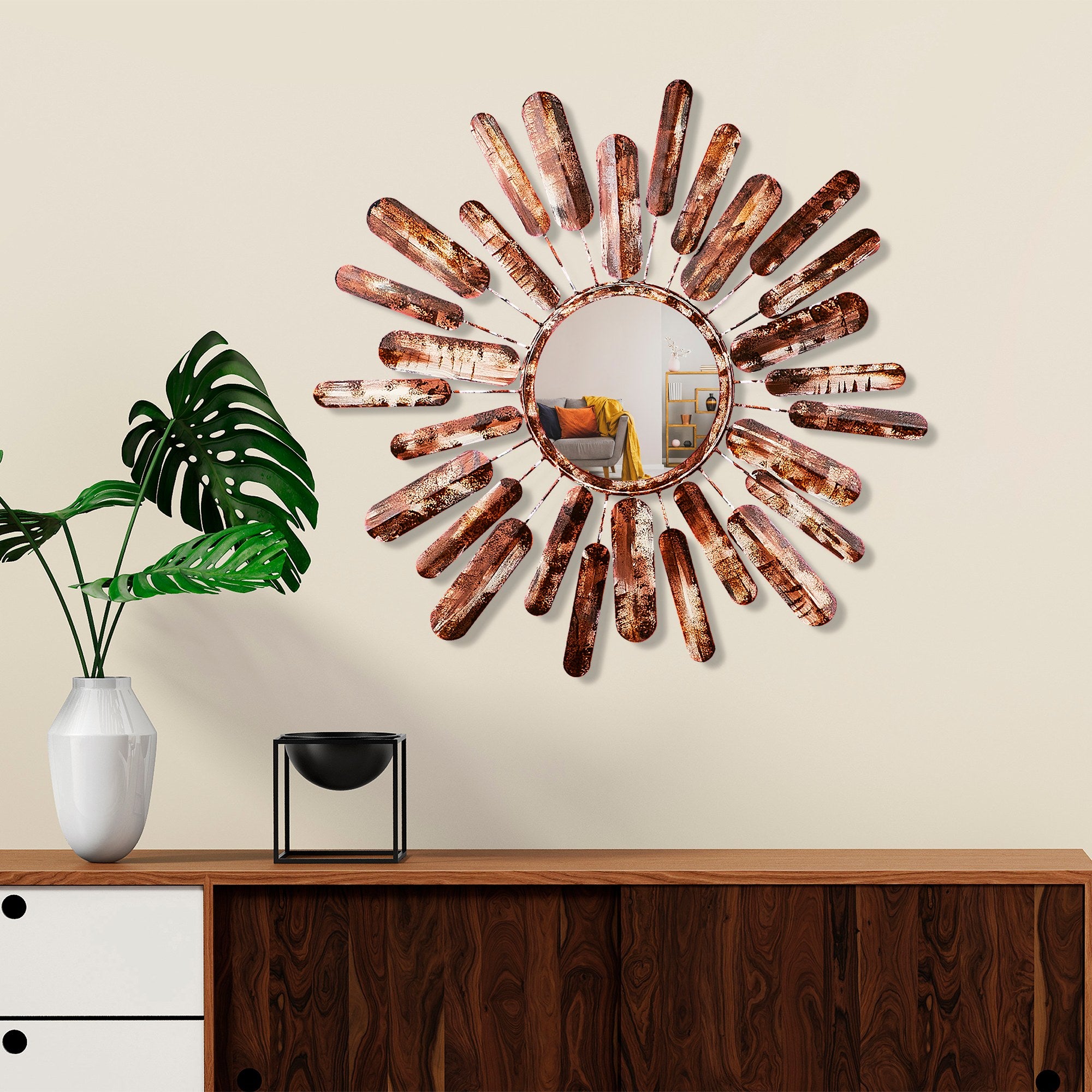 Espelho Decorativo Sol Multicolor 75x75cm - Metal Artesanal para Parede