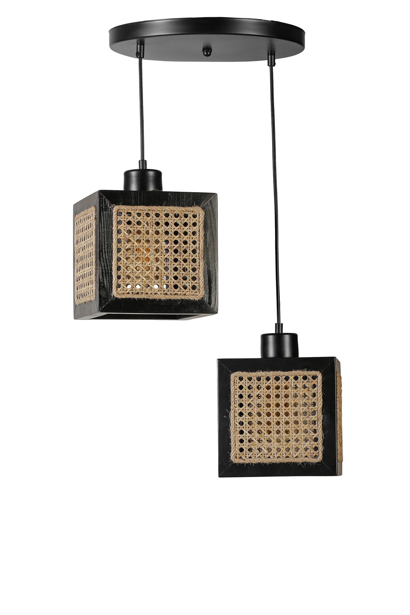 Candeeiro de Teto - 70 cm - Rattan e Preto - Madeira de Fir