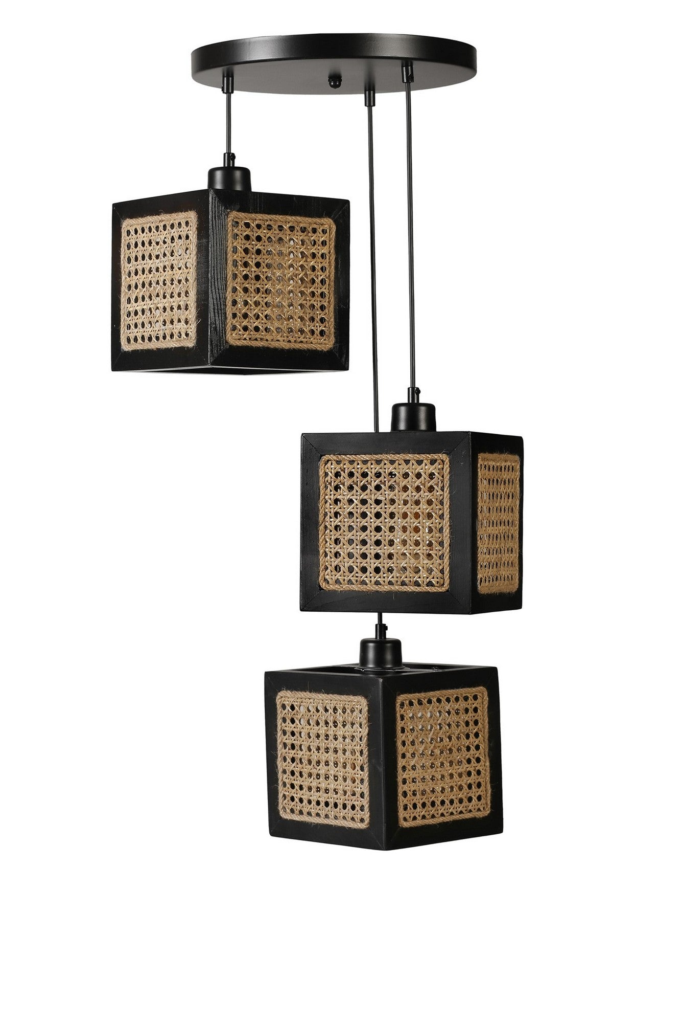 Candeeiro de Teto - 70 cm - Preto - Madeira e Rattan