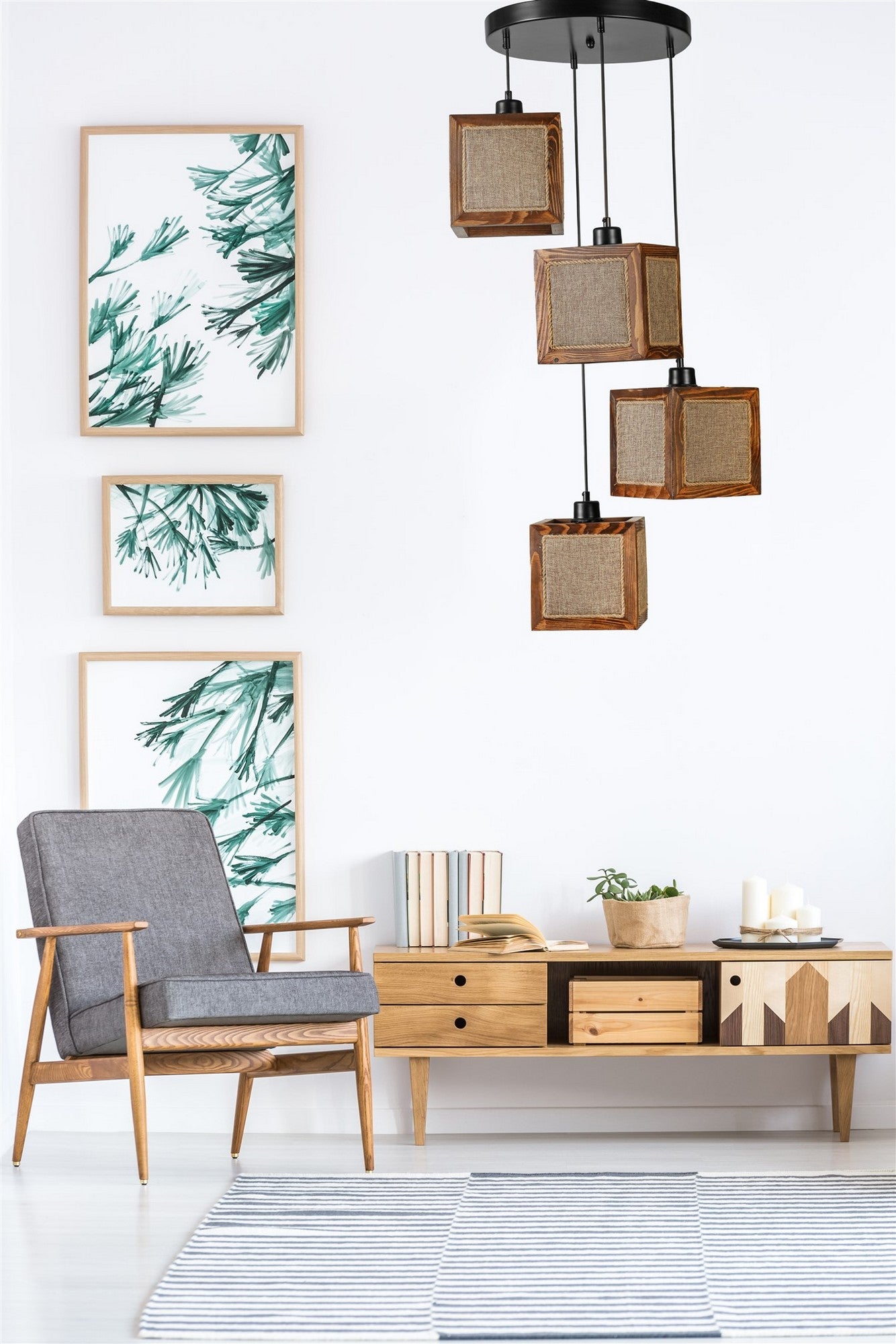 Candeeiro de Teto – 18 x 18 cm – Rattan, Nogueira, Preto – Madeira