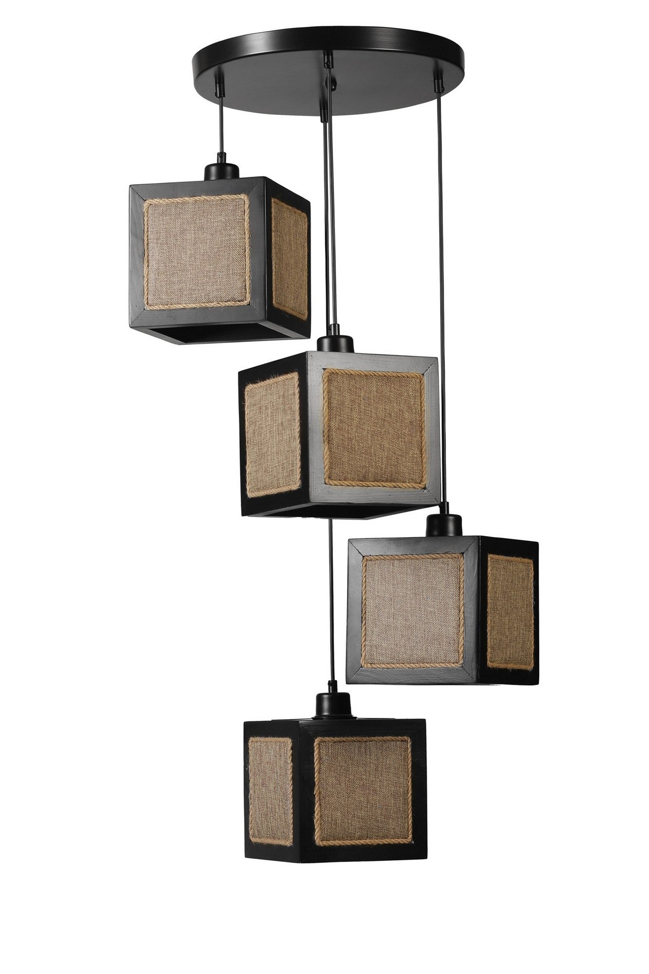 Candeeiro de Teto – 70 cm – Preto e Rattan – Madeira de Fir, Metal, Tecido Natural