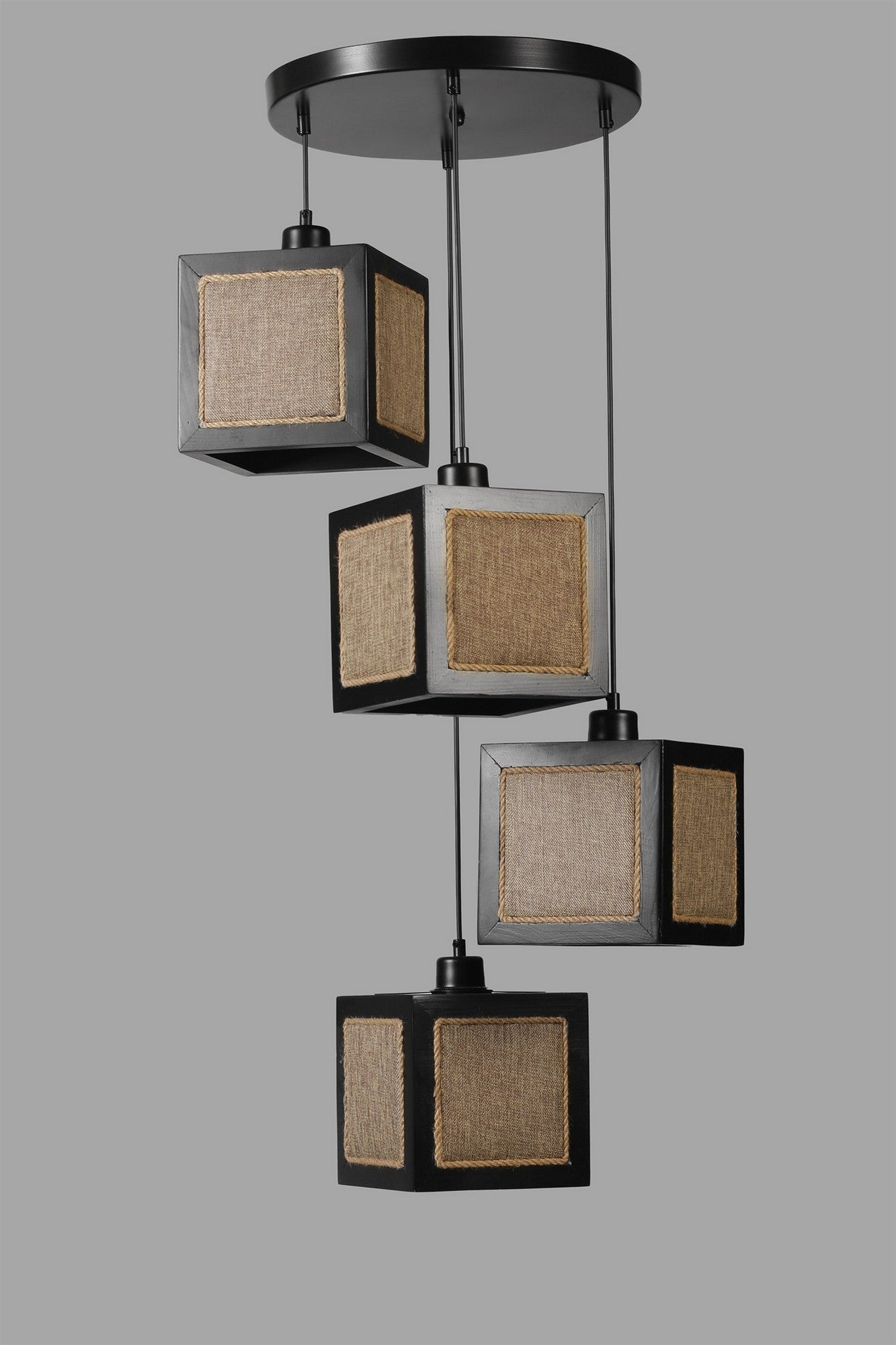 Candeeiro de Teto – 70 cm – Preto e Rattan – Madeira de Fir, Metal, Tecido Natural