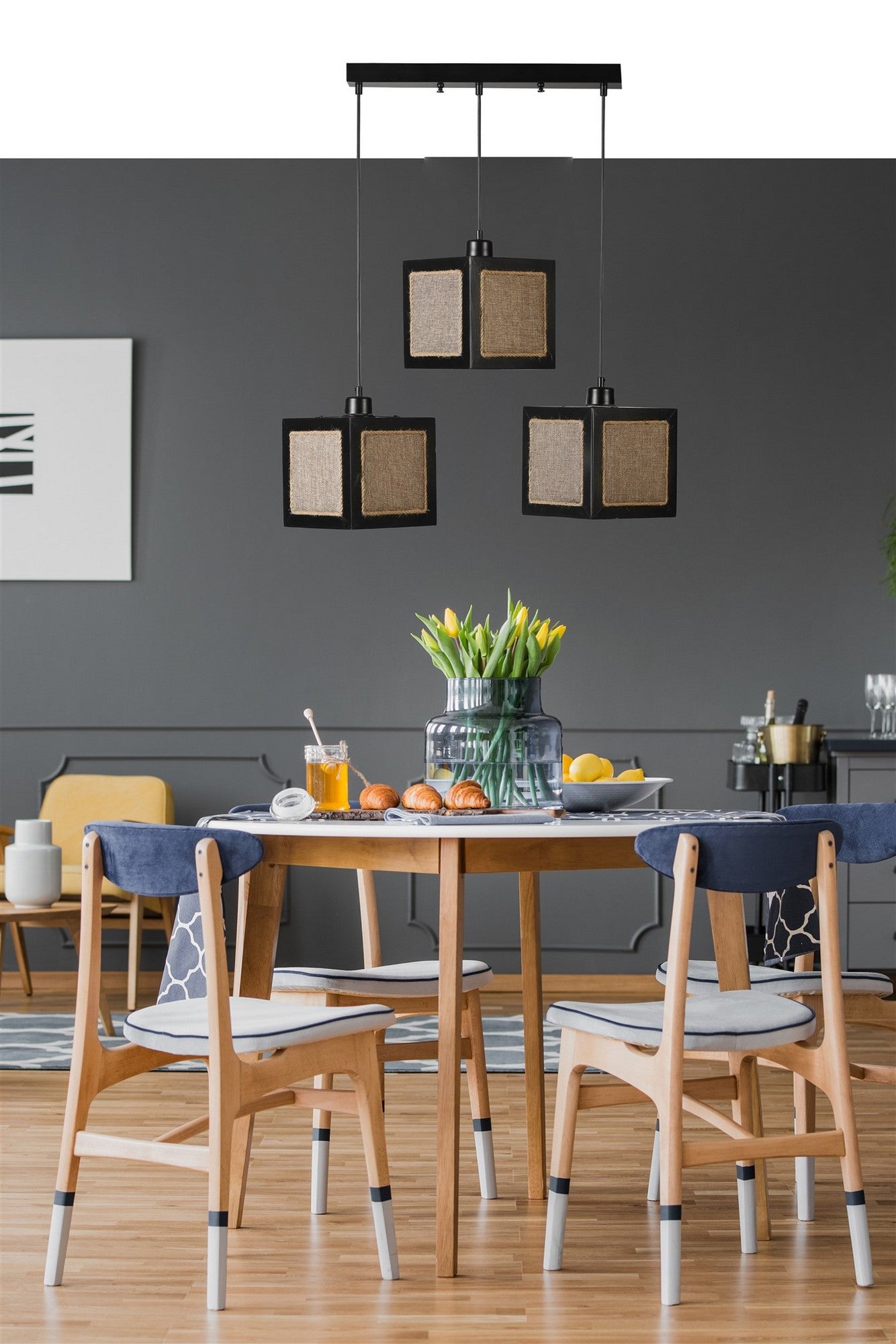 Candeeiro de Teto – 70 cm – Preto e Rattan – Madeira de Fir