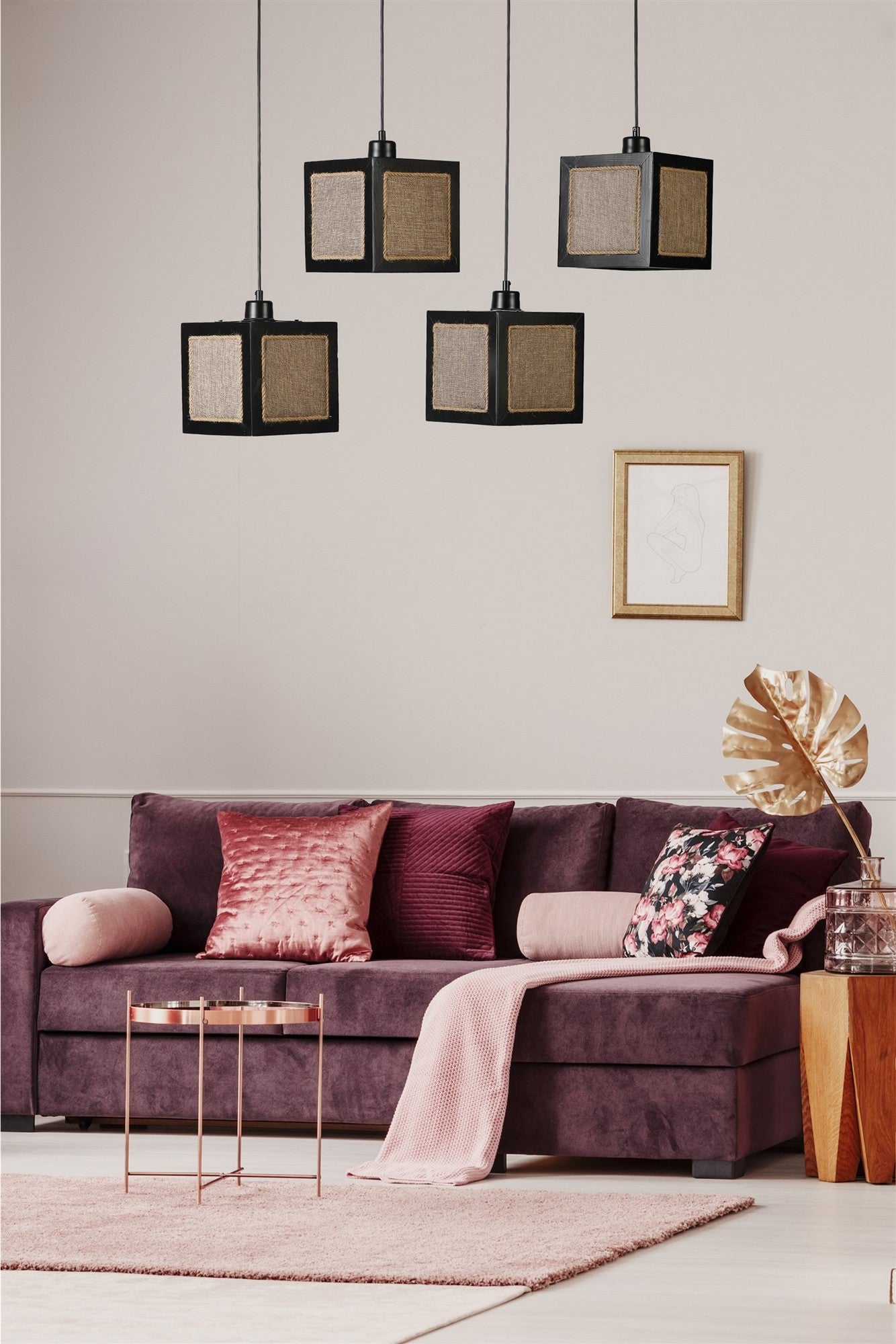 Candeeiro de Teto – 70 cm – Preto e Rattan – Madeira de Fir