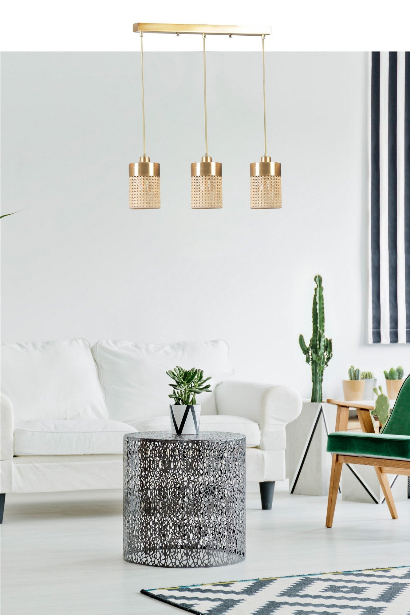 Candeeiro de Teto - 70 cm - Dourado - Metal e Rattan