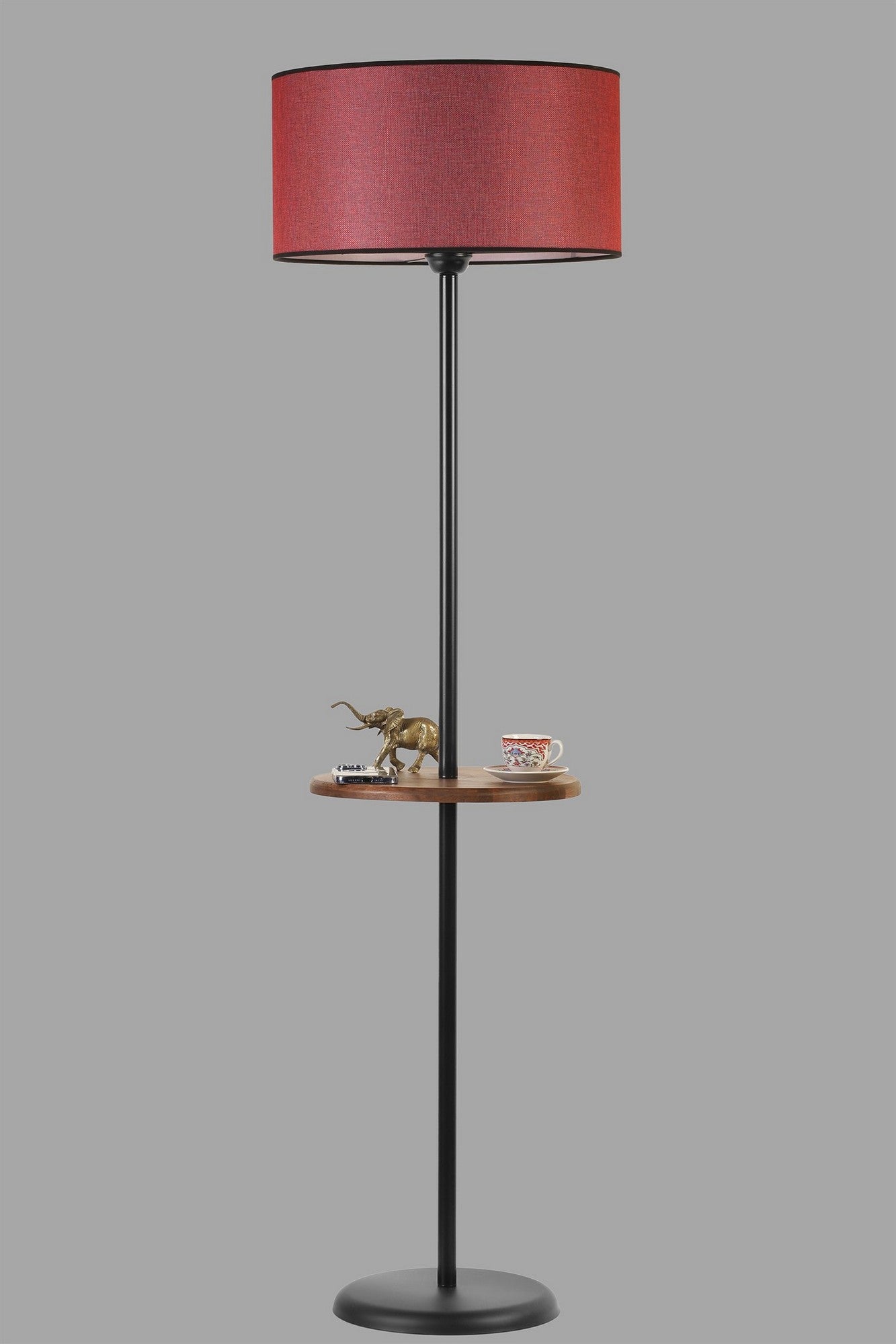 Candeeiro de Pé – 160 cm – Preto e Vermelho Bordô – Metálico com Prateleira de Faia