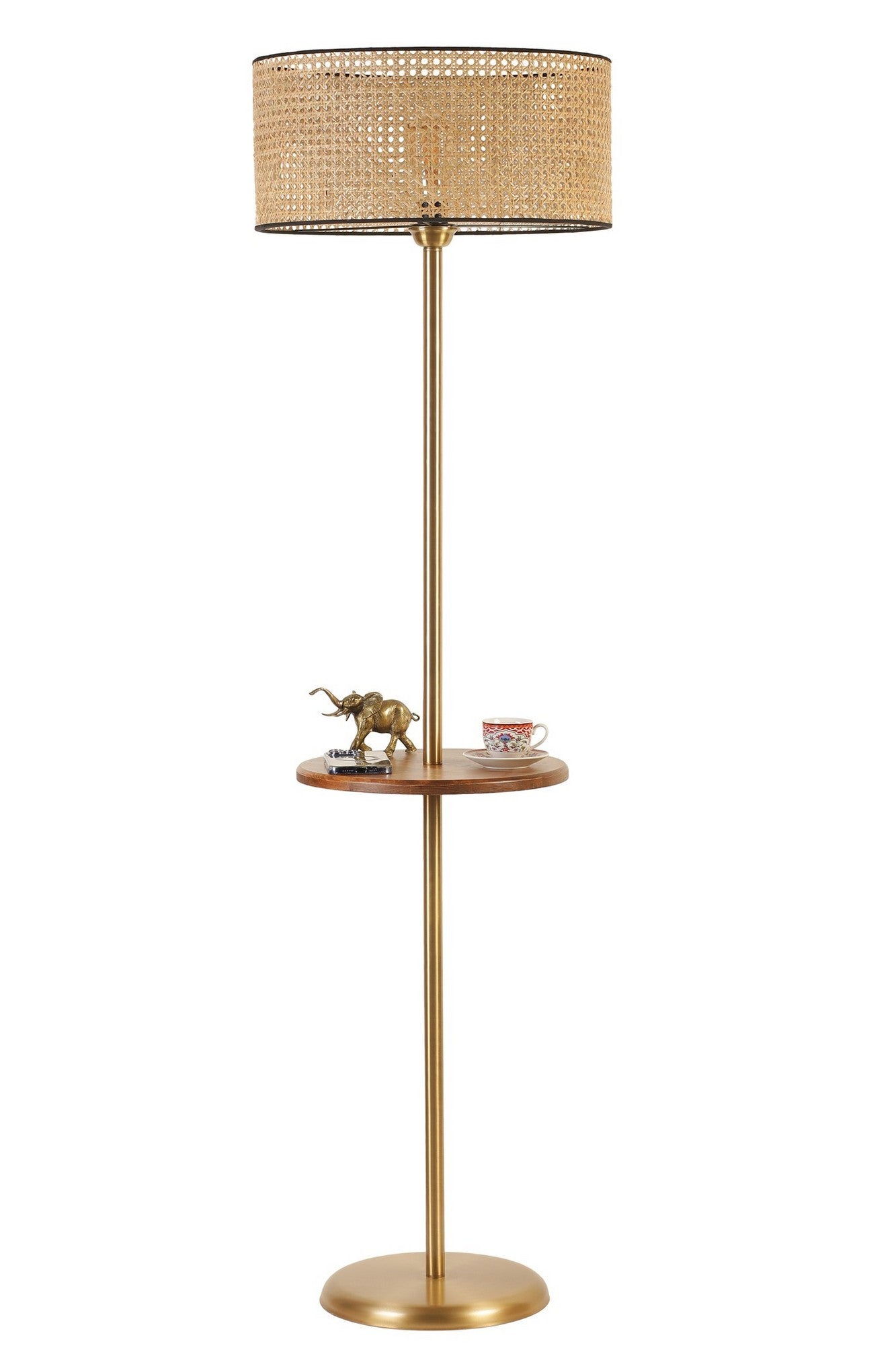 Candeeiro de Pé – 160 cm – Dourado e Rattan – Metal e Madeira