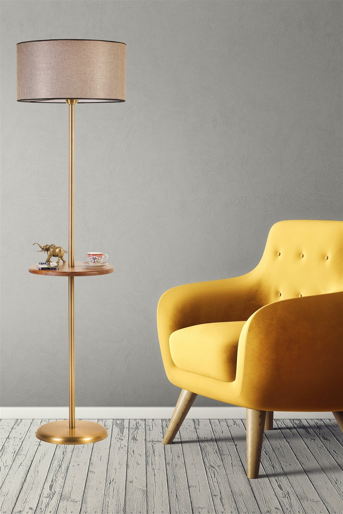 Candeeiro de Pé – 30 cm (base) / 35 cm (prateleira) – Dourado e Marrom – Metal e Madeira de Faia