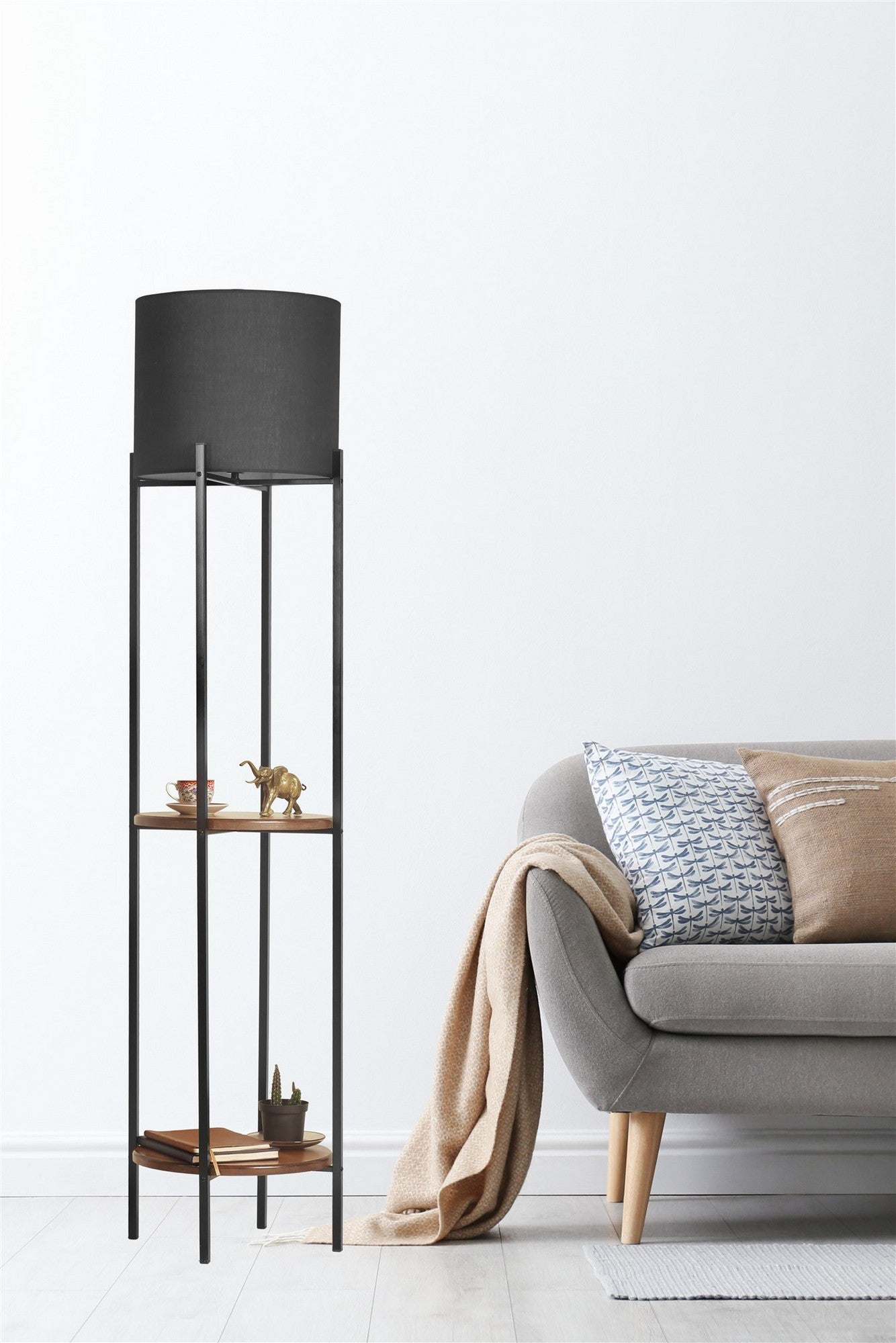 Candeeiro de Pé – 162 cm – Preto e Nogueira – Metal