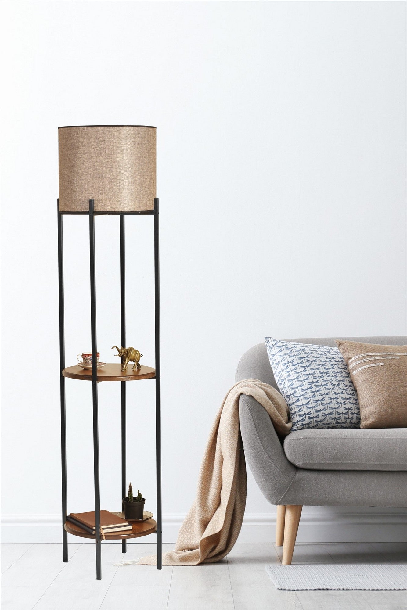 Candeeiro de Pé – 162 cm – Preto e Nogueira – Metal
