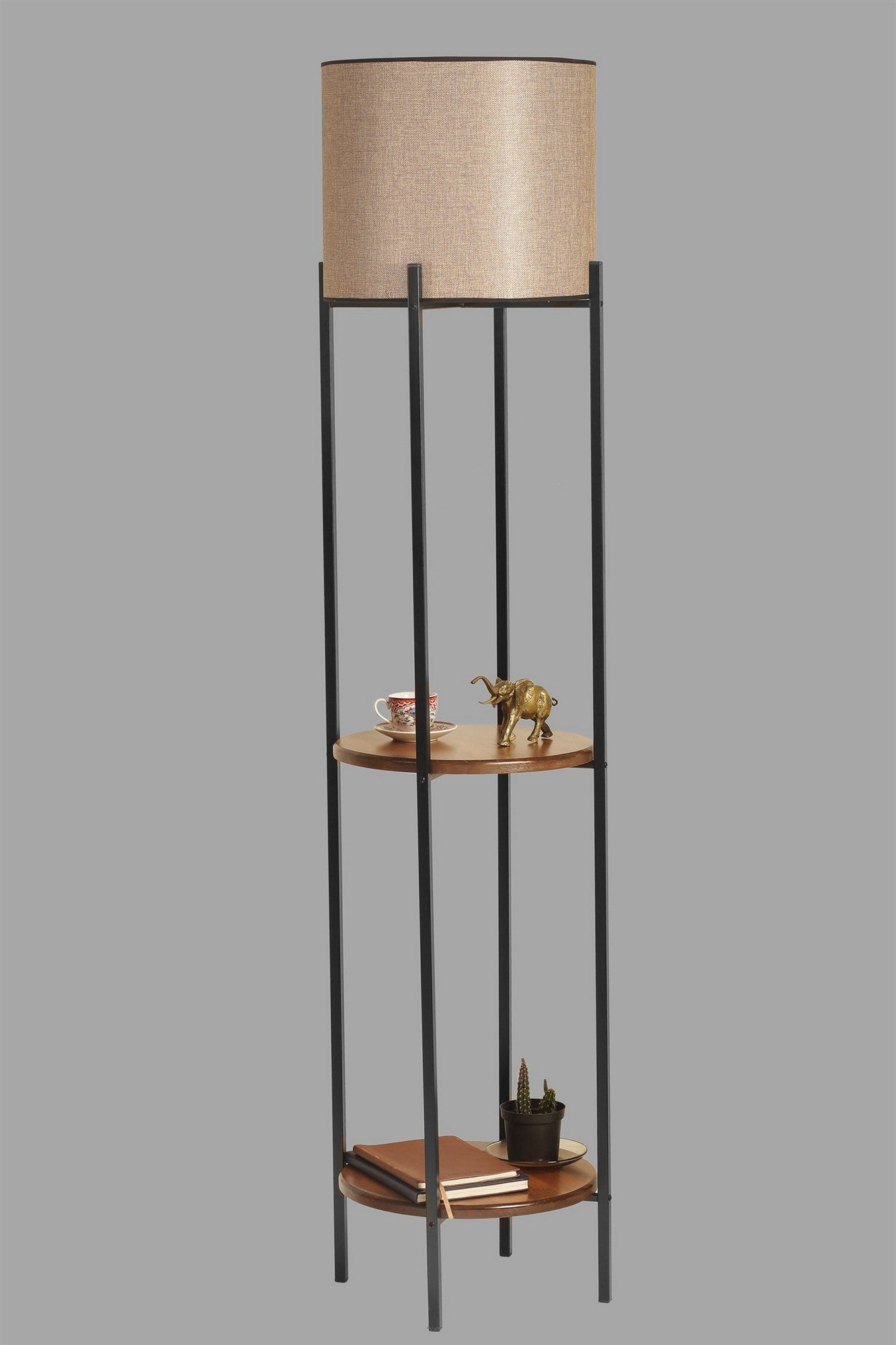 Candeeiro de Pé – 162 cm – Preto e Nogueira – Metal