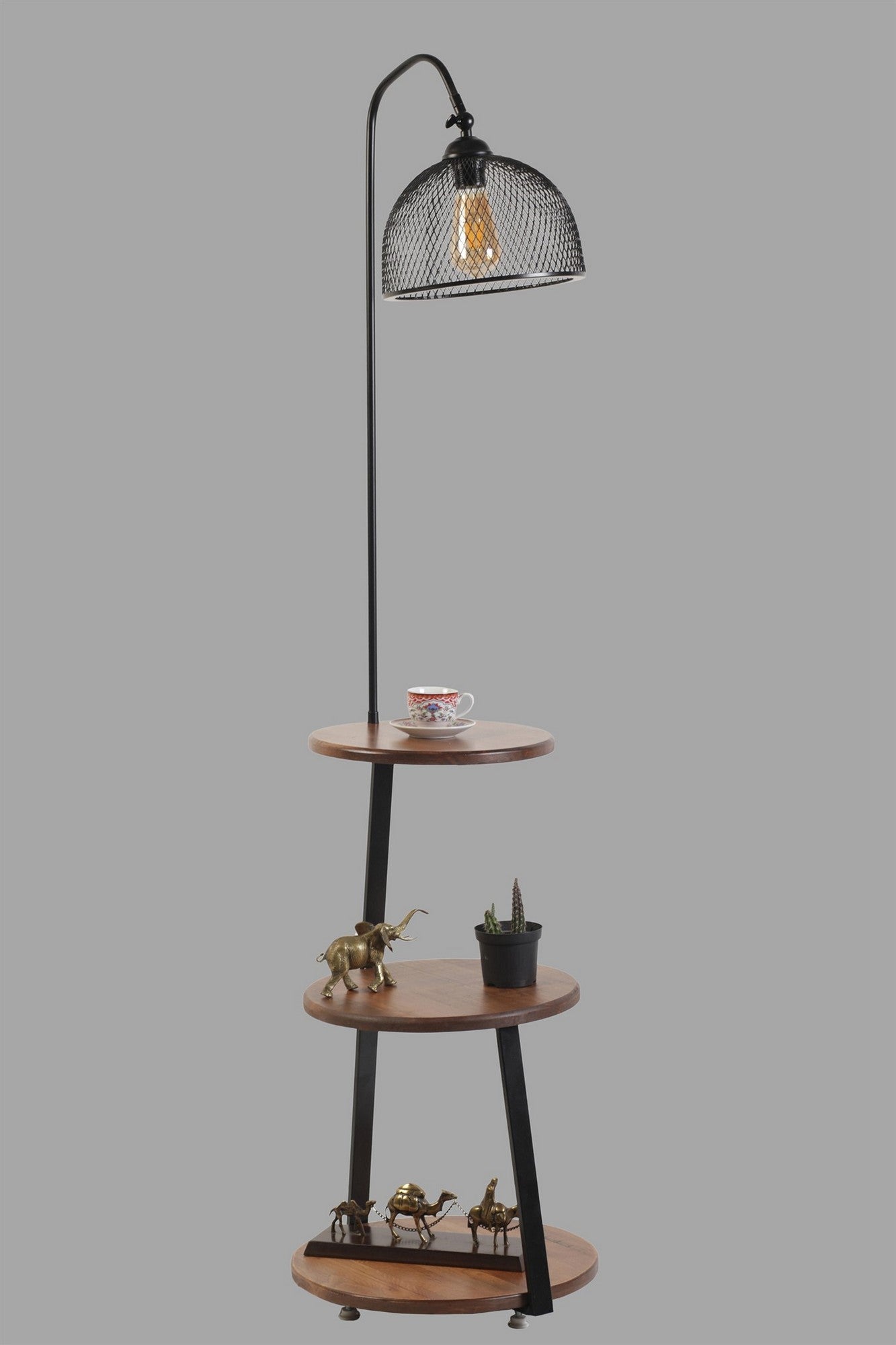 Candeeiro de Pé – 40 cm – Preto e Nogueira – Metal