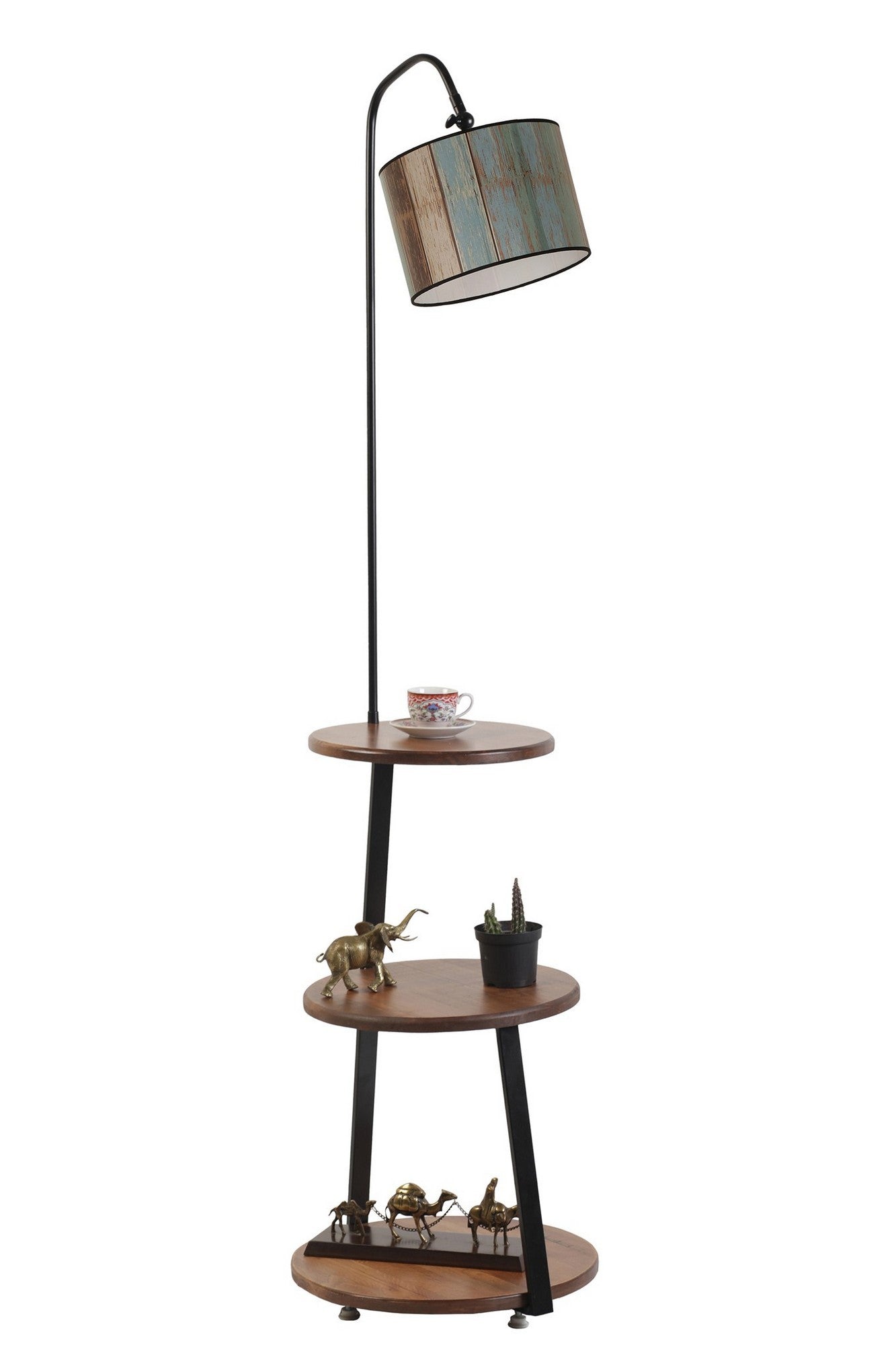 Candeeiro de Pé com Prateleira de Faia – 40 cm diâmetro base e prateleiras – Multicolorido – Metal e Madeira