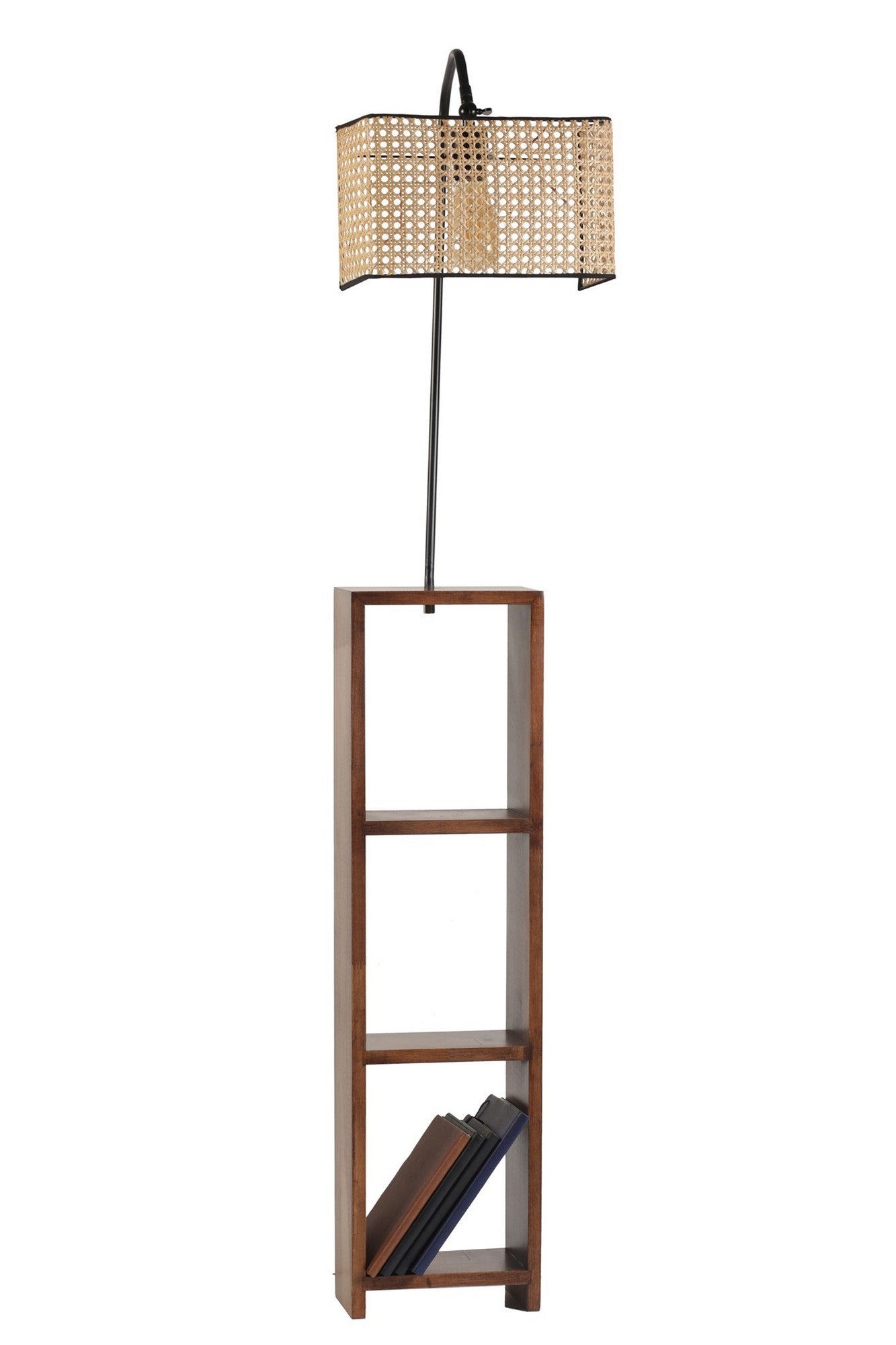 Candeeiro de Pé com Prateleiras - 24 cm x 13 cm - Preto e Rattan
