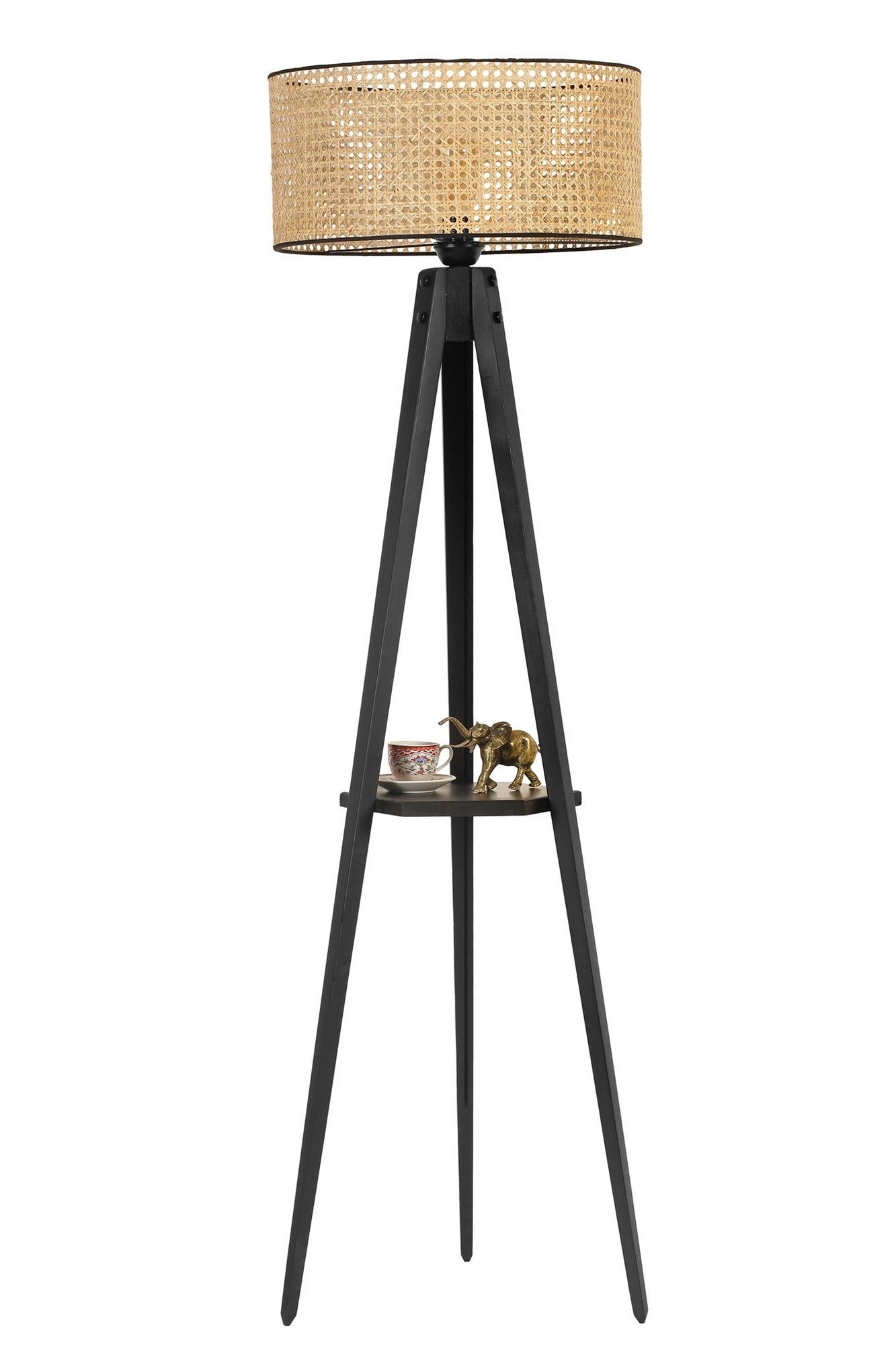 Candeeiro de Pé – 45 cm – Preto e Rattan – Madeira