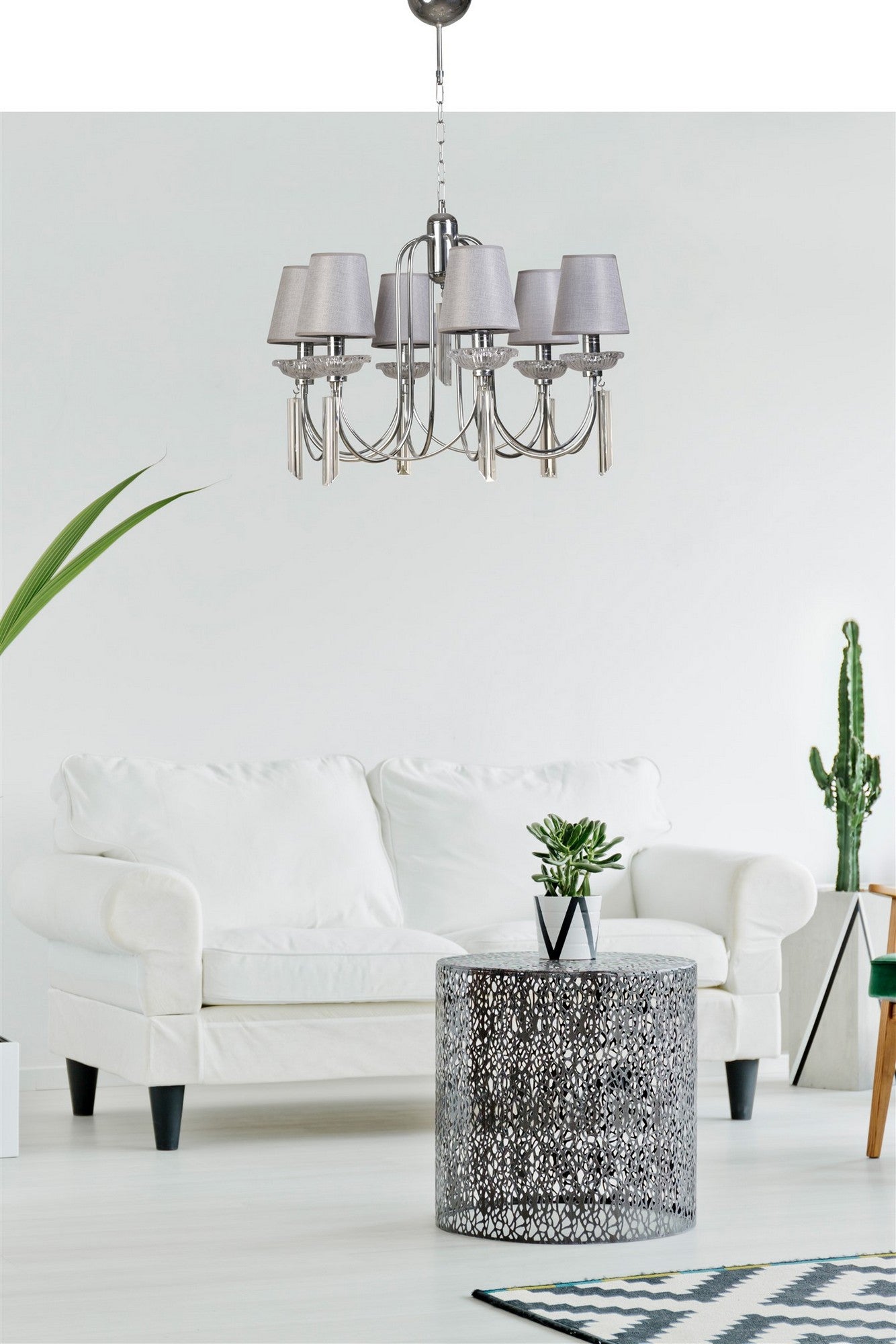 Candeeiro de Teto – 65 cm diâmetro – Cinza – Metal e Cristal