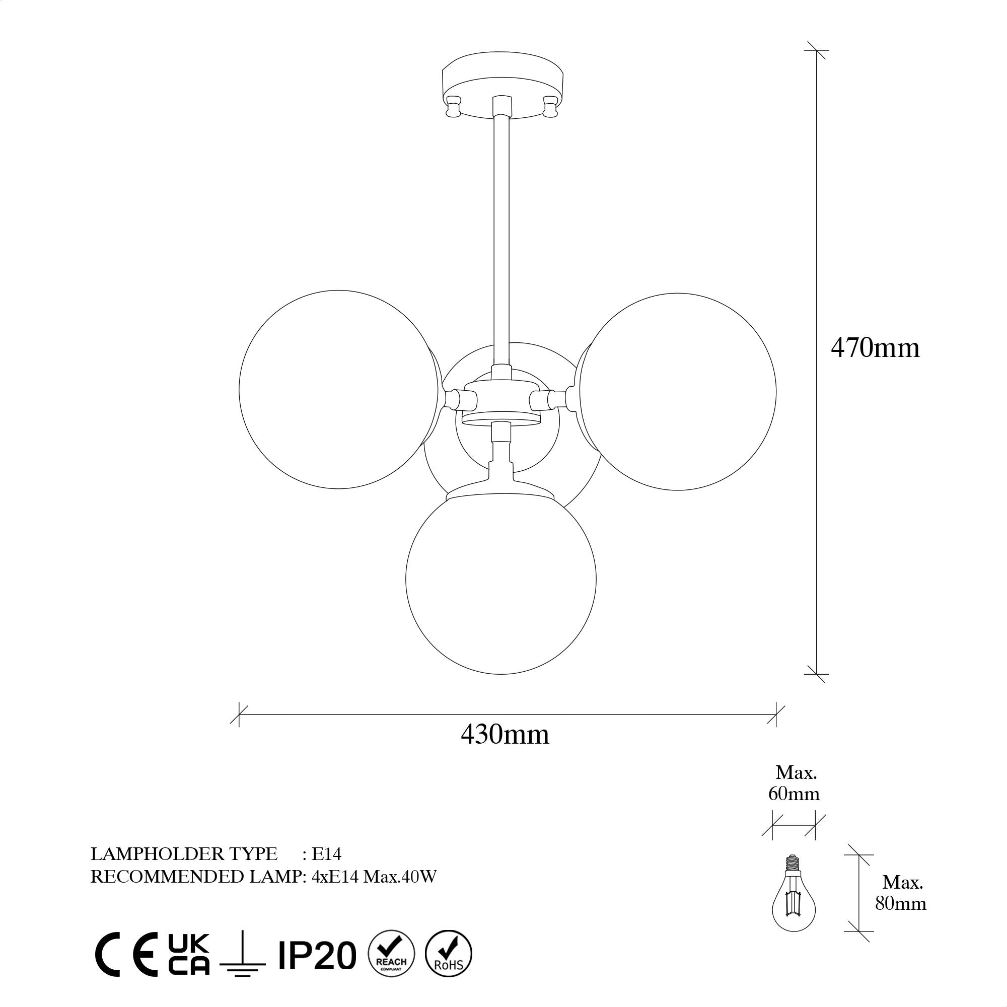Candeeiro de Teto – 43 x 43 x 47 cm – cobre – Metal e Vidro