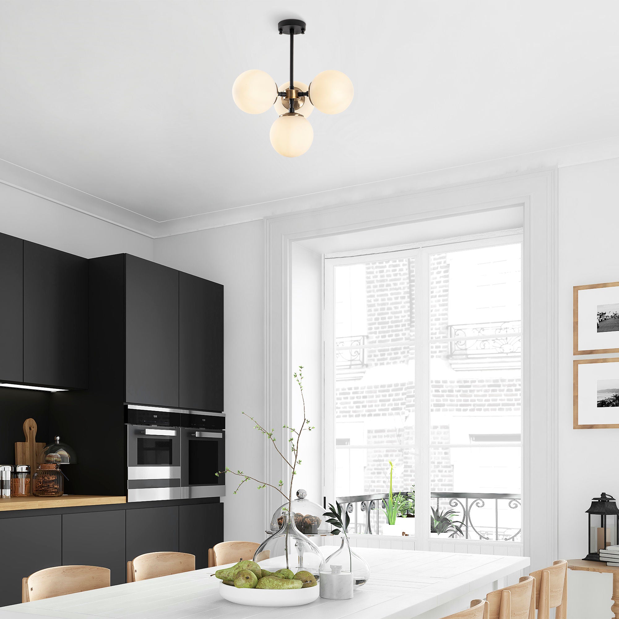 Candeeiro de Teto moderno – 43 x 43 x 47 cm – preto/antigo/creme – metal e vidro