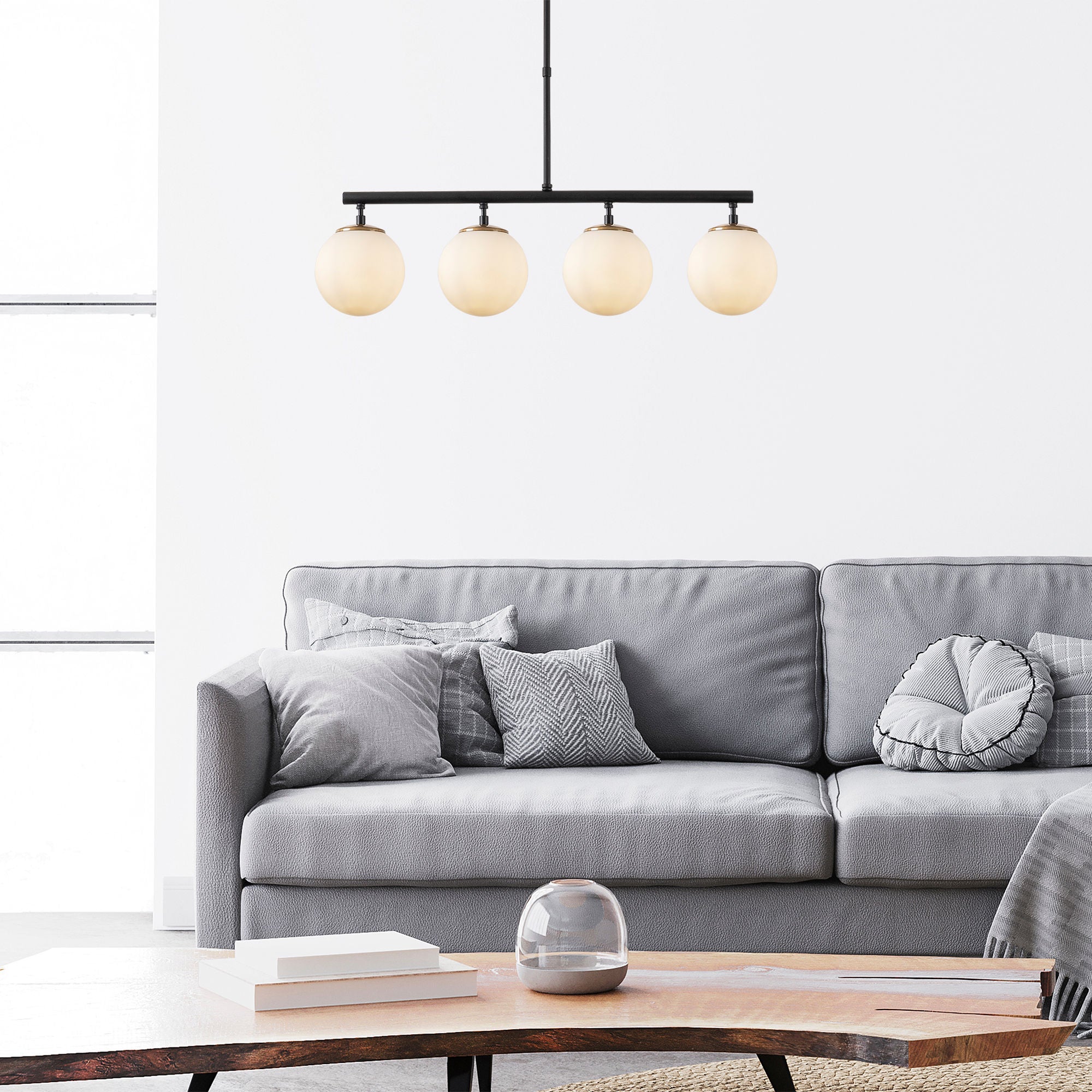 Candeeiro de Teto Industrial Moderno – 70 x 15 x 43-87 cm – Preto, Dourado e Branco – Metal e Vidro