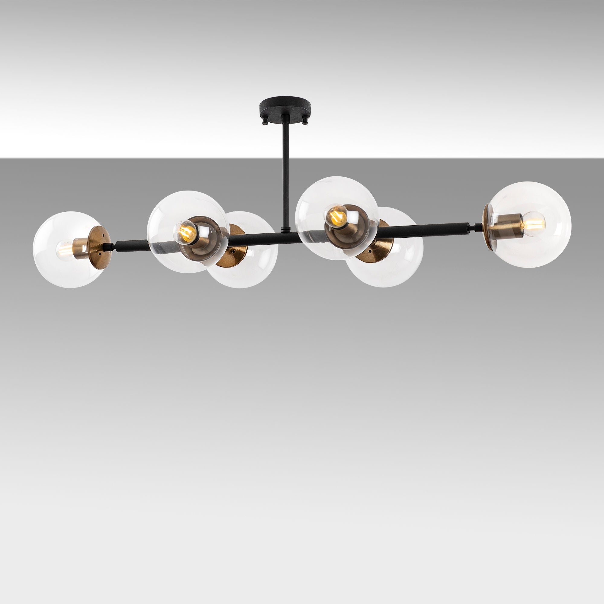 Candeeiro de Teto Industrial Moderno – 110 x 40 x 35 cm – Preto e Antigo – Metal e Vidro