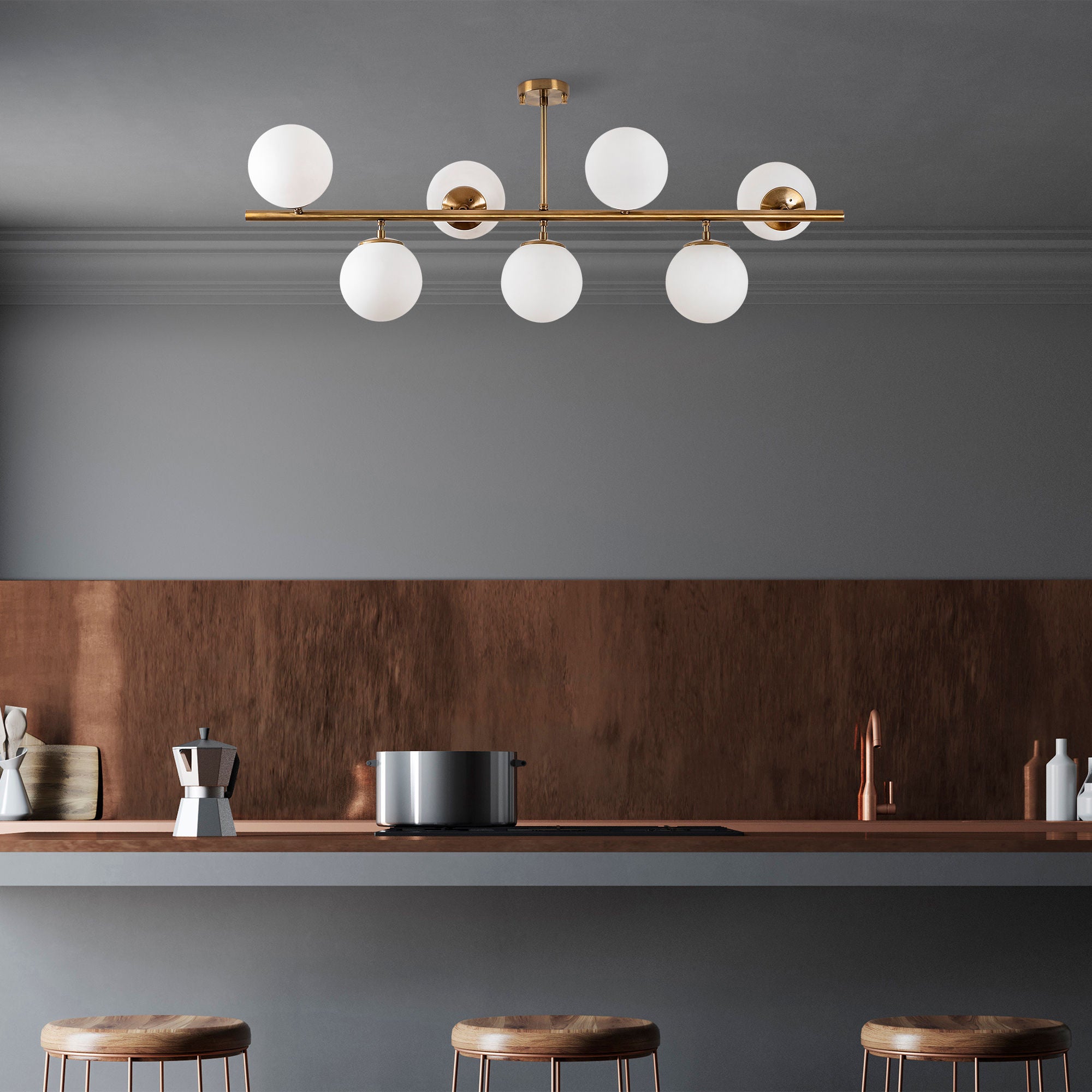 Candeeiro de Teto – 113 x 40 x 46 cm – Cobre – Metal e Vidro