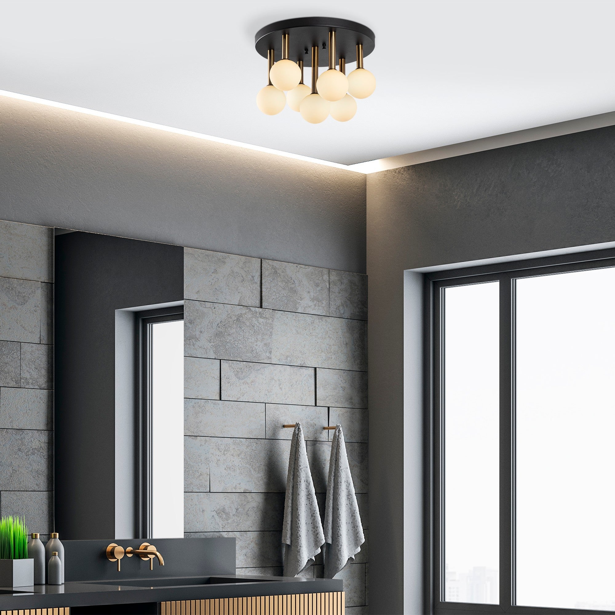 Candeeiro de Teto elegante com corpo de metal, preto e creme antigo, 44 x 44 x 40 cm | 7 soquetes G9, máx. 10 W | Design escandinavo industrial moderno, lâmpada não incluída