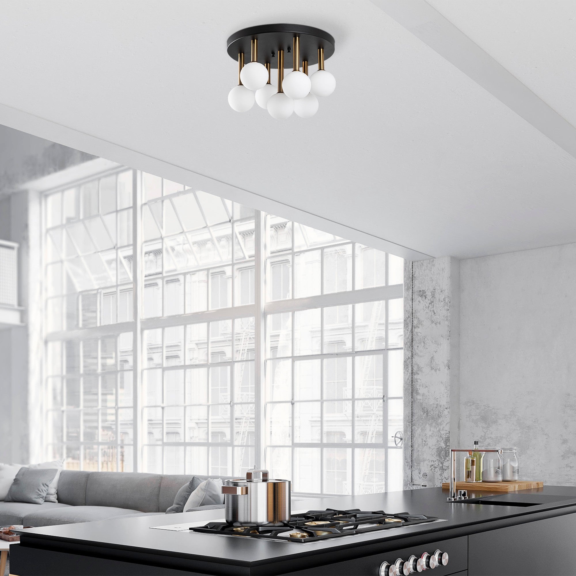 Candeeiro de Teto elegante com corpo de metal, preto e creme antigo, 44 x 44 x 40 cm | 7 soquetes G9, máx. 10 W | Design escandinavo industrial moderno, lâmpada não incluída
