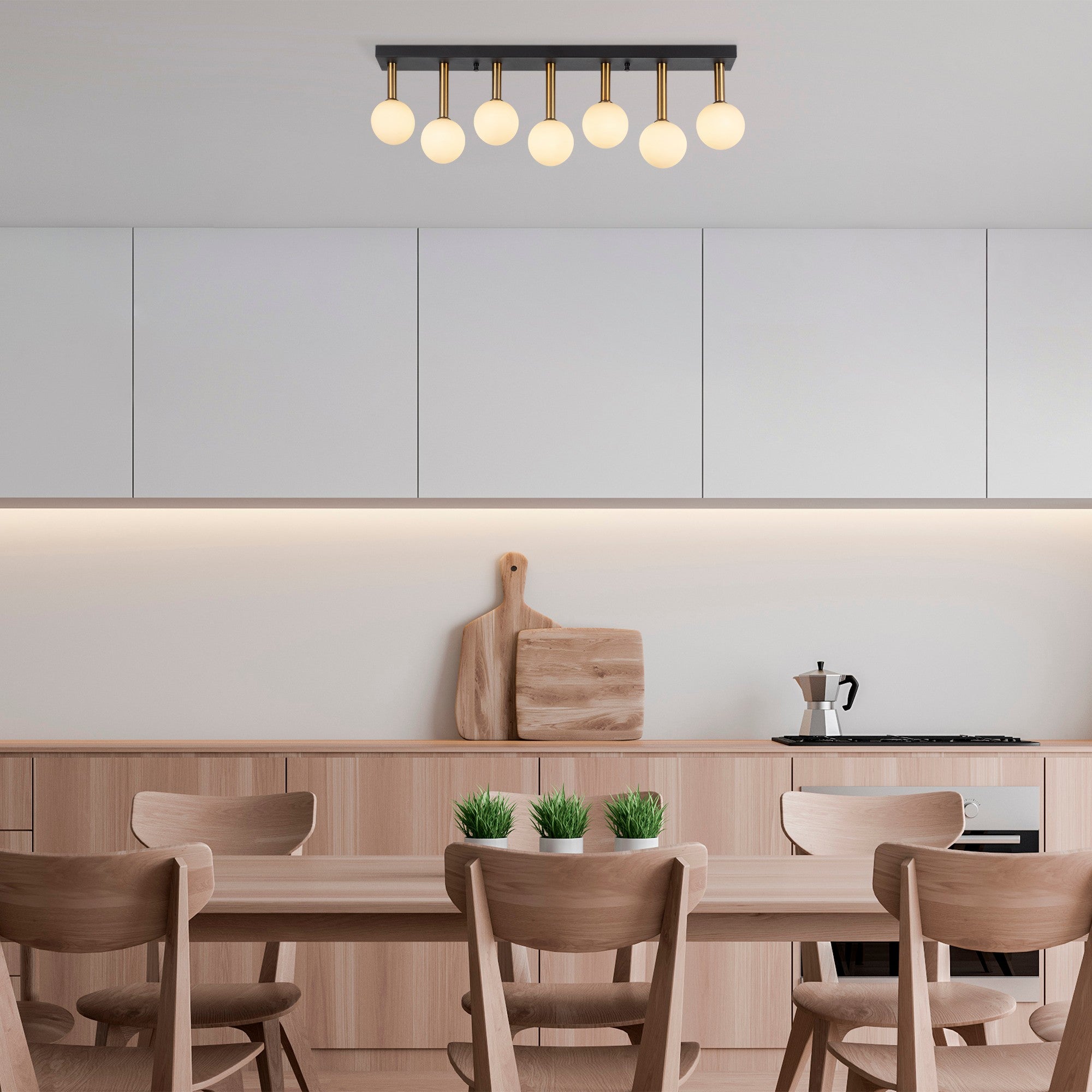 Candeeiro de Teto moderno com corpo de metal e tampa de vidro, 82 x 10 x 26 cm, preto/antigo/branco, 7 soquetes G9, design escandinavo elegante, lâmpada não incluída