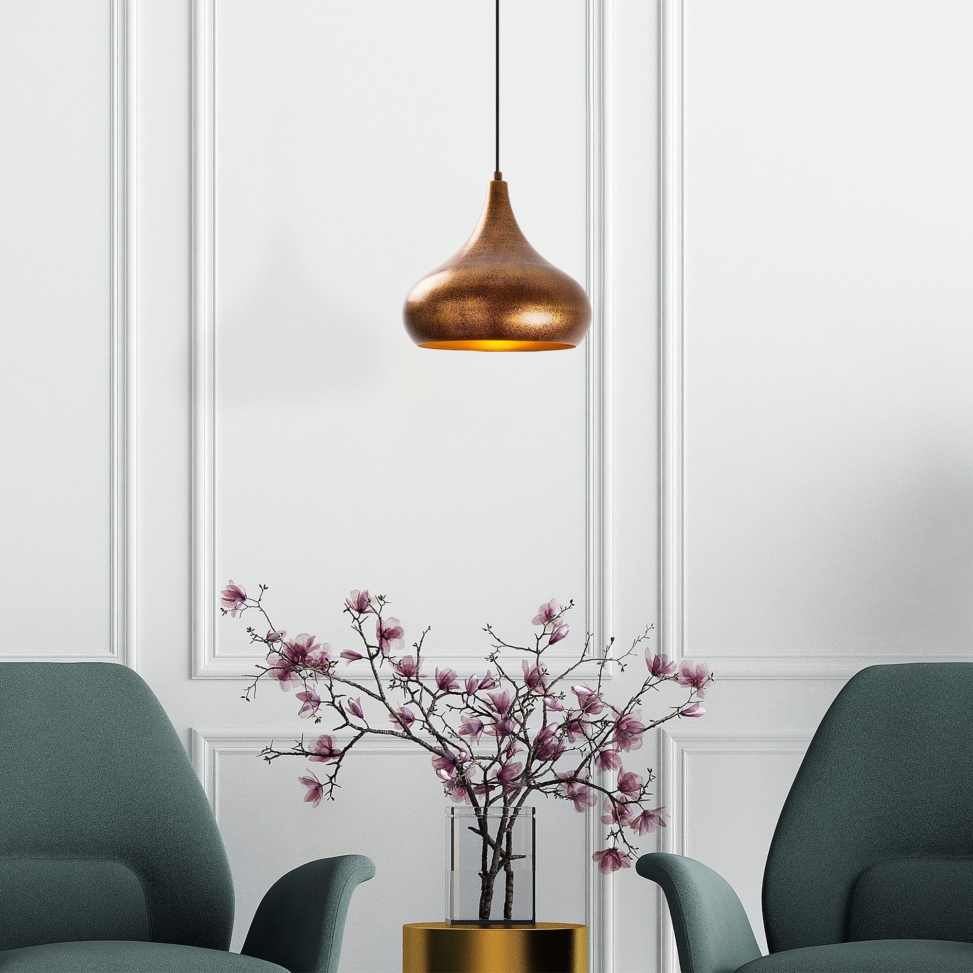 Candeeiro de Teto elegante de cobre, altura ajustável 26 x 26 x 38 cm, corpo de metal, design barroco e escandinavo, soquete E27, máx. 40 W, IP20, perfeito para espaços modernos