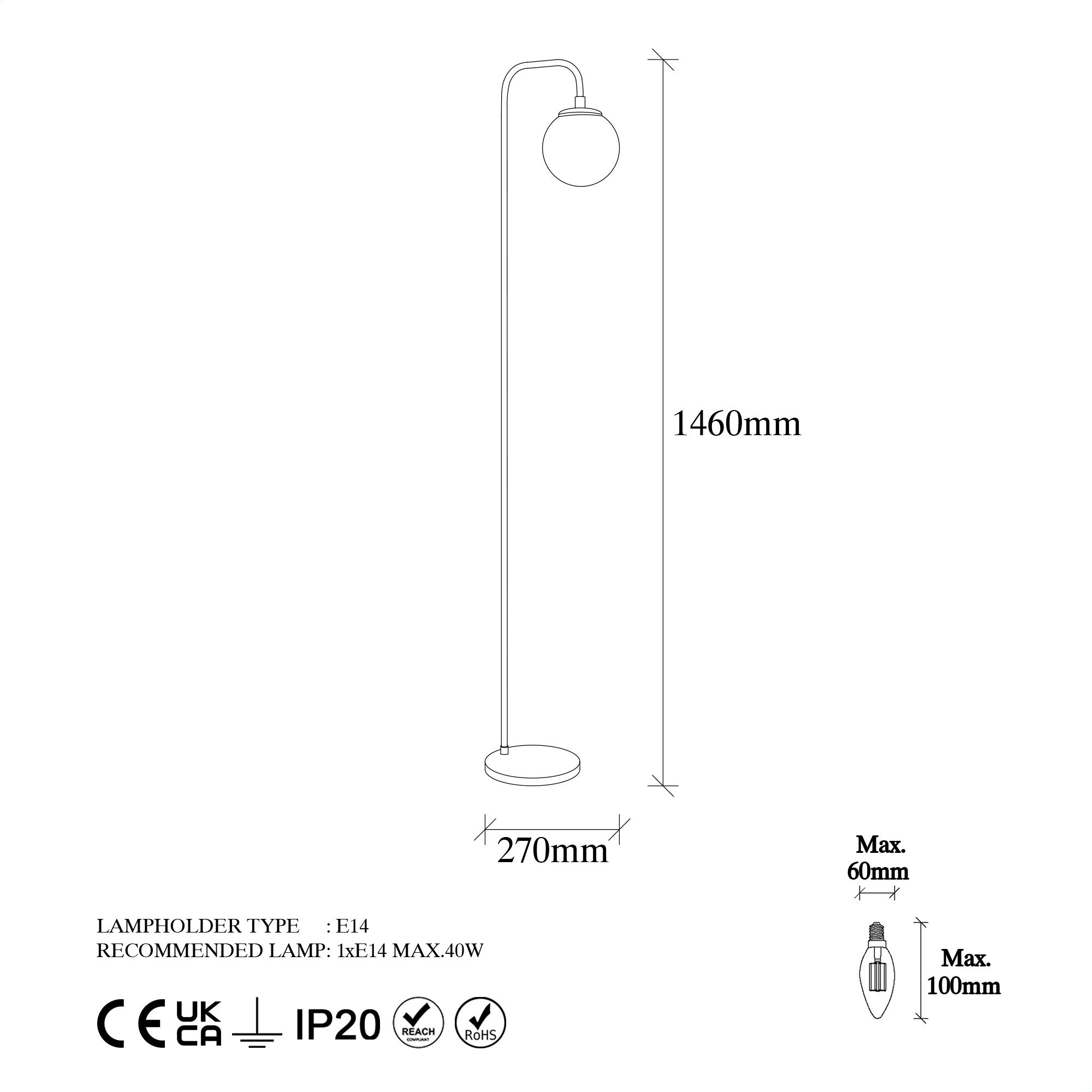 Candeeiro de Pé preta moderna com corpo de metal e tampa de vidro, 27 x 27 x 146 cm | Soquete E14, interruptor liga/desliga | Design industrial e escandinavo elegante
