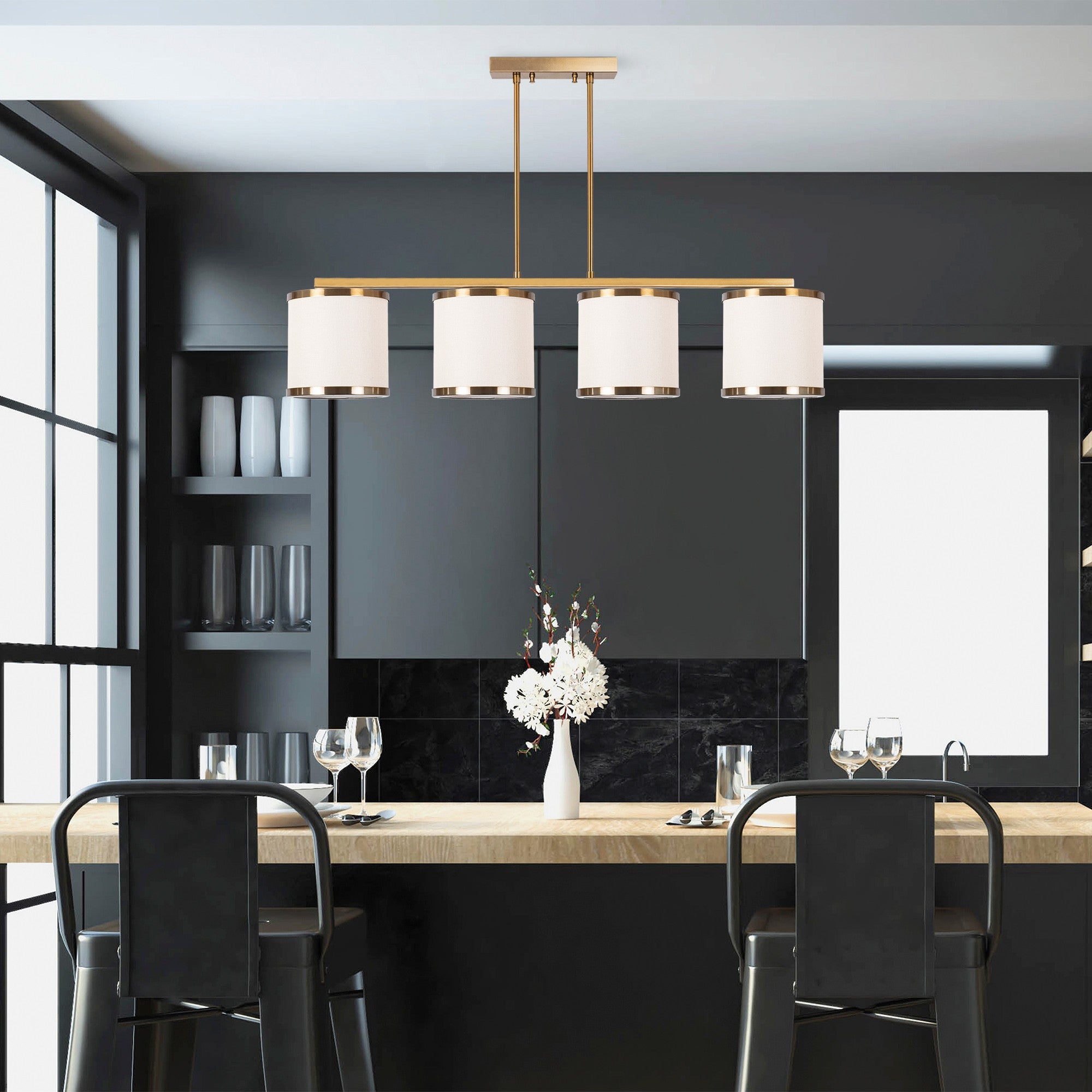 Candeeiro de Teto Vintage Elegante, Corpo em Metal, 107 x 20 x 68 cm | 4 Soquetes E27, Máx. 40 W | Design Glamouroso para Espaços Modernos, Lâmpada Não Inclusa