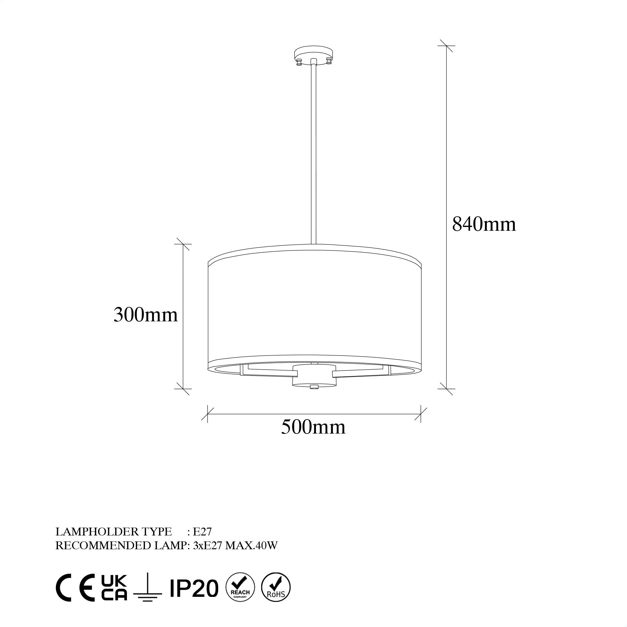 Candeeiro de Teto Vintage Elegante, Corpo em Metal, 50 x 50 x 84 cm | 3 Soquetes E27, Máx. 40 W | Design Glamouroso para Espaços Modernos, Classificação IP20