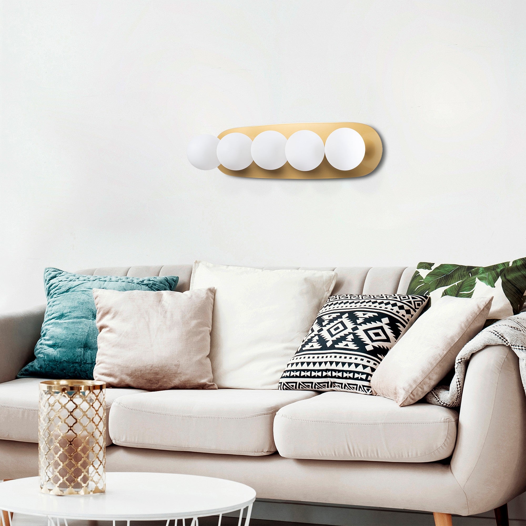Candeeiro de Parede moderna dourada, corpo de metal com tampa de vidro, 90 x 23 x 26 cm | 5 soquetes E14, máx. 40 W | Design escandinavo elegante para casa e escritório