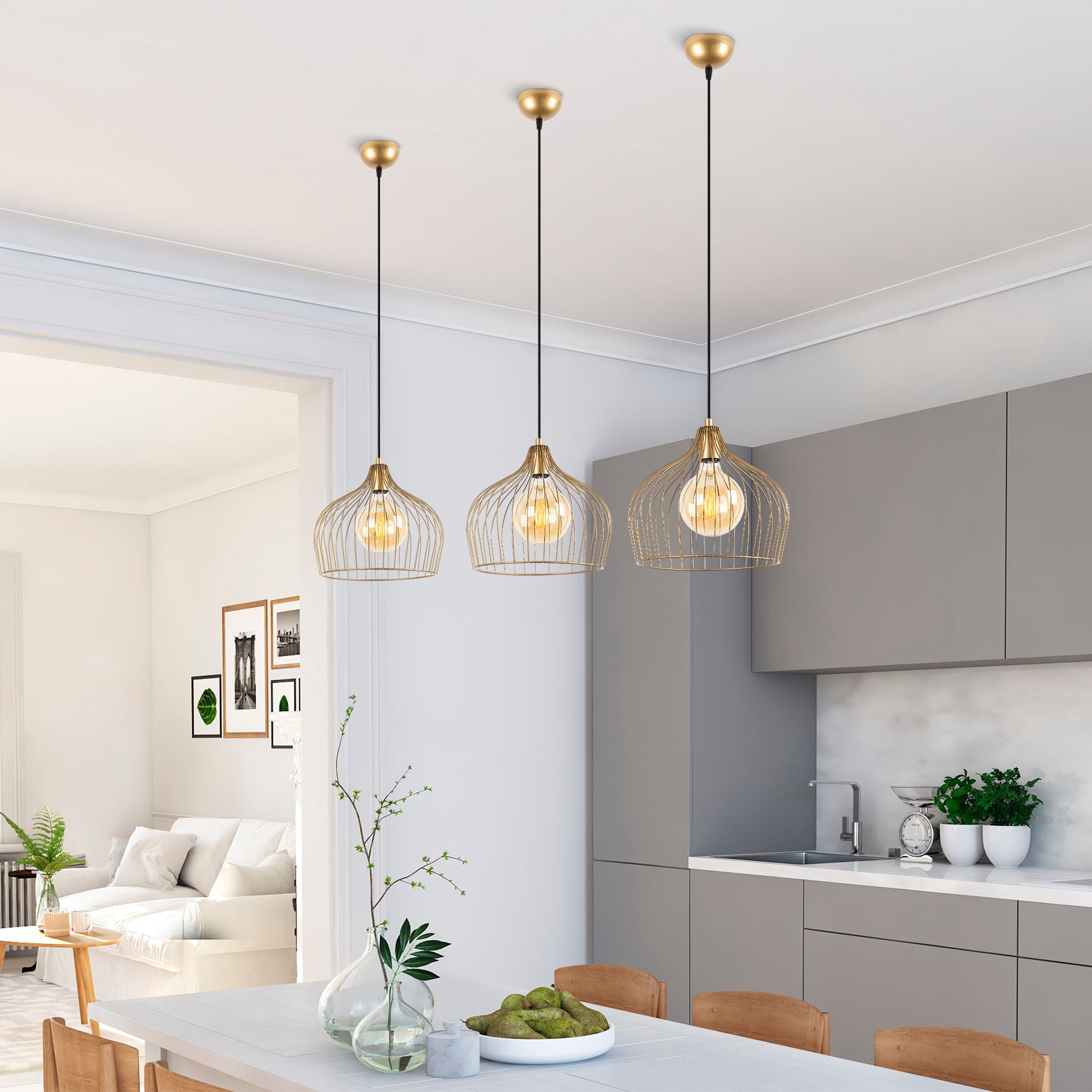 Candeeiro de Teto Dourado Elegante, Corpo em Metal, 30 x 30 x 121 cm | Altura Ajustável, Soquete E27, Design Moderno | Perfeito para Decoração Glamourosa