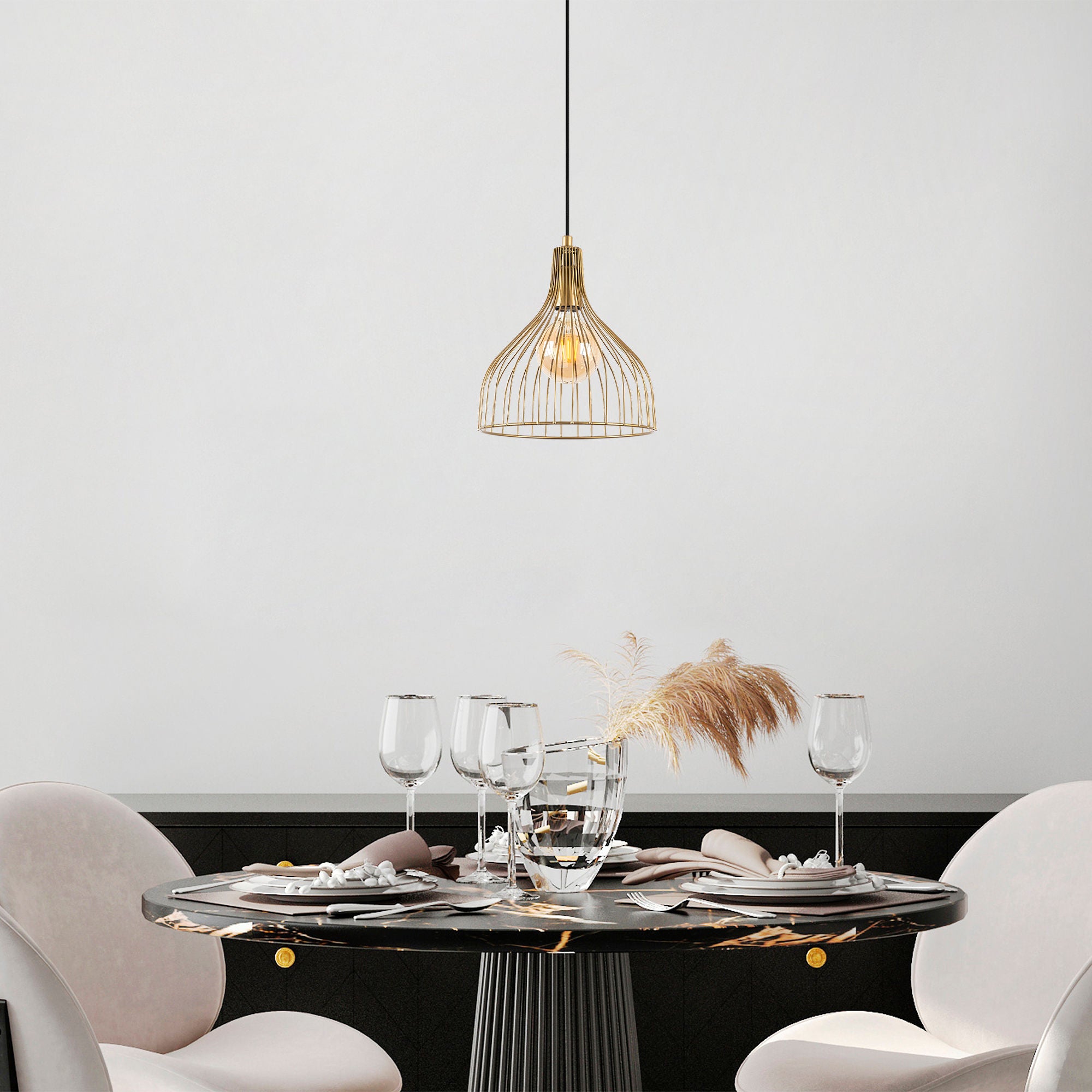 Candeeiro de Teto Dourado Elegante, Corpo em Metal, 25 x 25 x 123 cm, Altura Ajustável, Soquete E27, Design Moderno e Glamouroso | Perfeito para Salas de Estar e Jantar