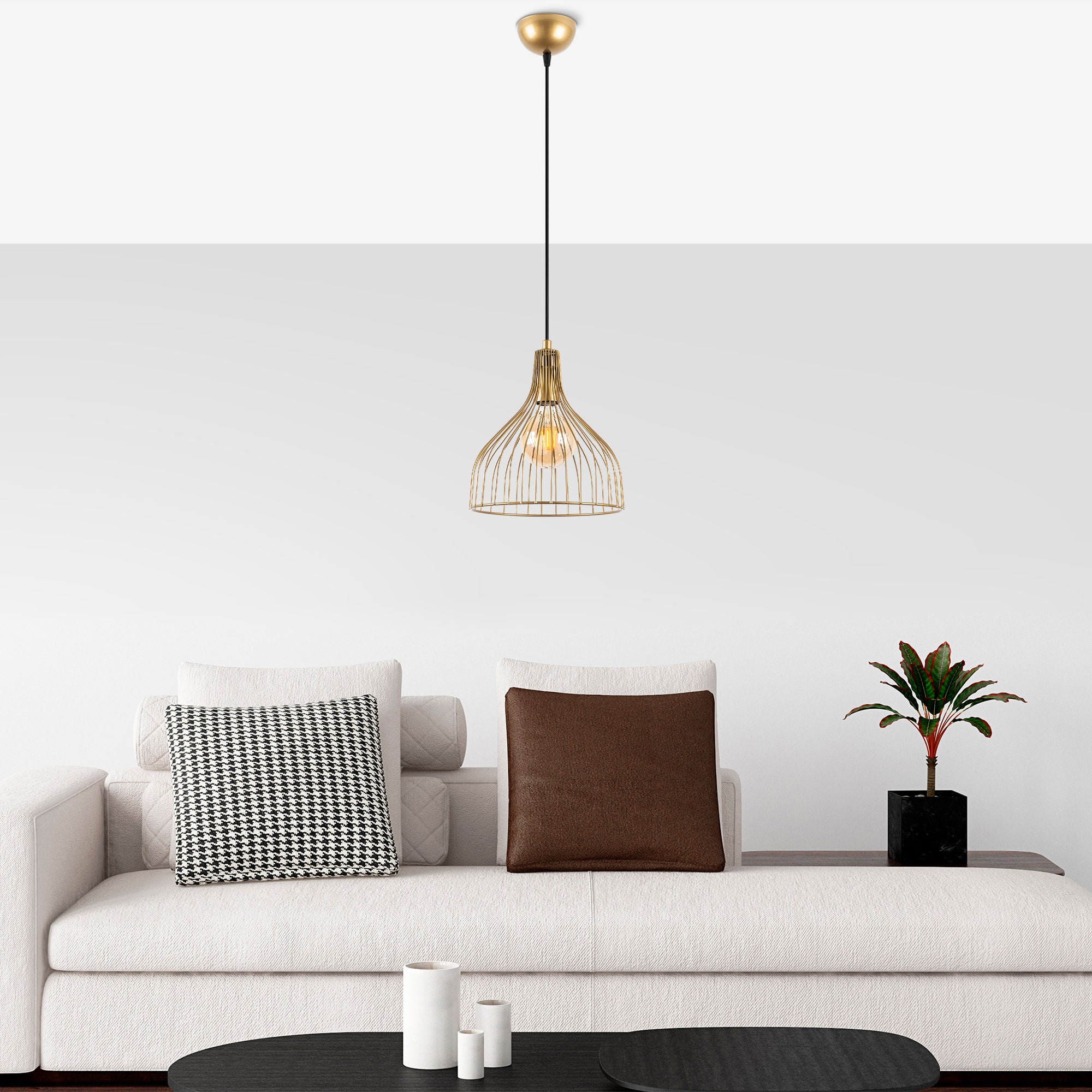 Candeeiro de Teto Dourado Elegante, Corpo em Metal, 25 x 25 x 123 cm, Altura Ajustável, Soquete E27, Design Moderno e Glamouroso | Perfeito para Salas de Estar e Jantar
