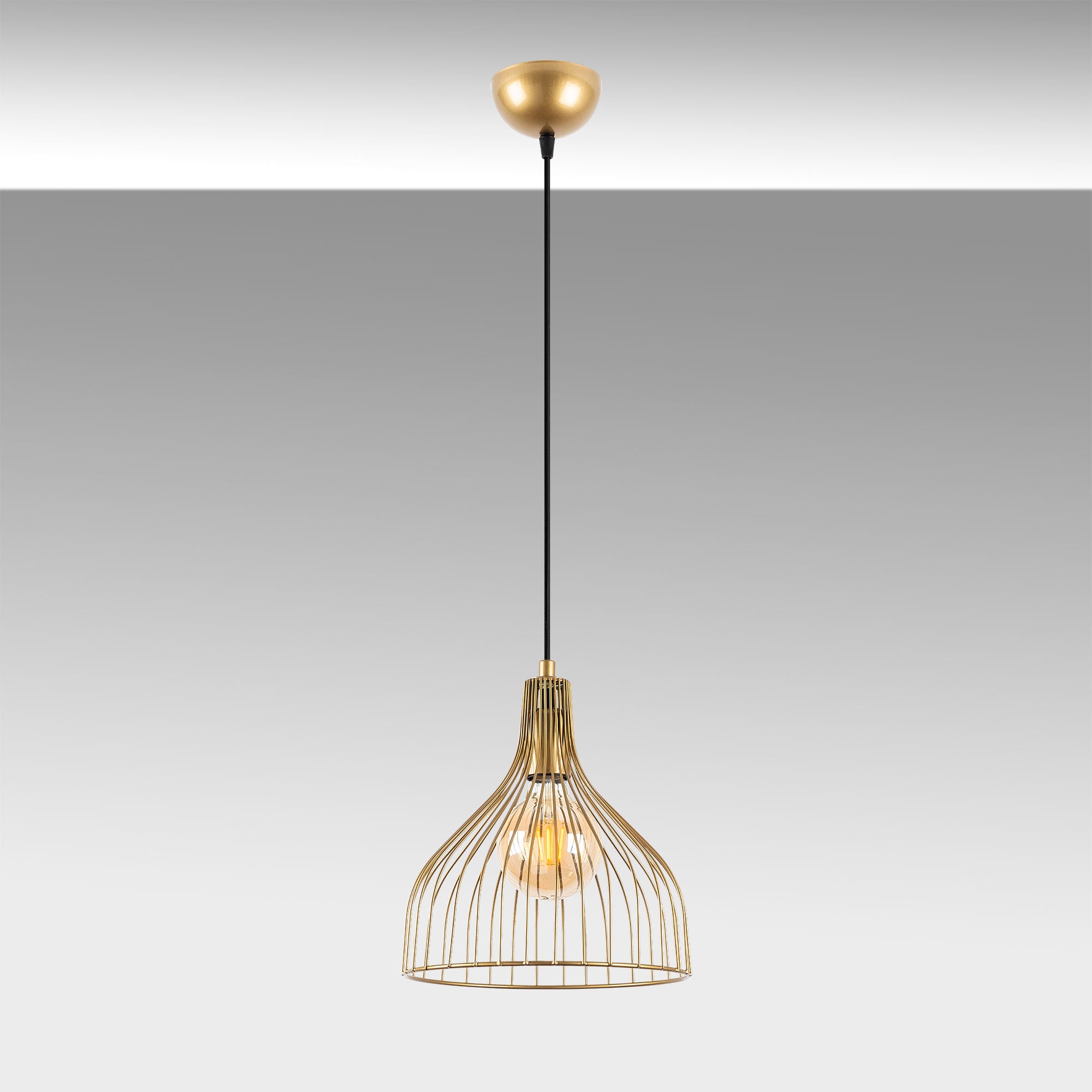 Candeeiro de Teto Dourado Elegante, Corpo em Metal, 25 x 25 x 123 cm, Altura Ajustável, Soquete E27, Design Moderno e Glamouroso | Perfeito para Salas de Estar e Jantar