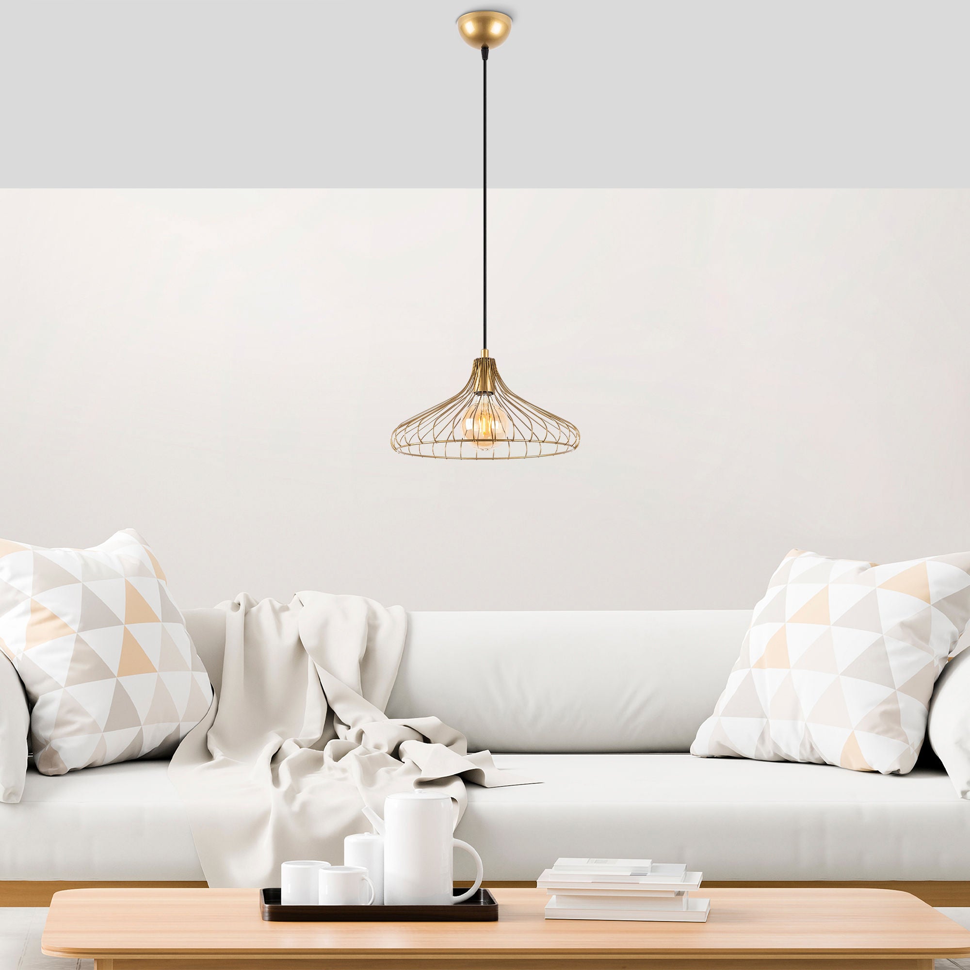Candeeiro de Teto Dourado Elegante, Corpo em Metal, 36 x 36 x 120 cm, Altura Ajustável, Soquete E27, Design Moderno e Glamouroso | Perfeito para Salas de Estar e Jantar