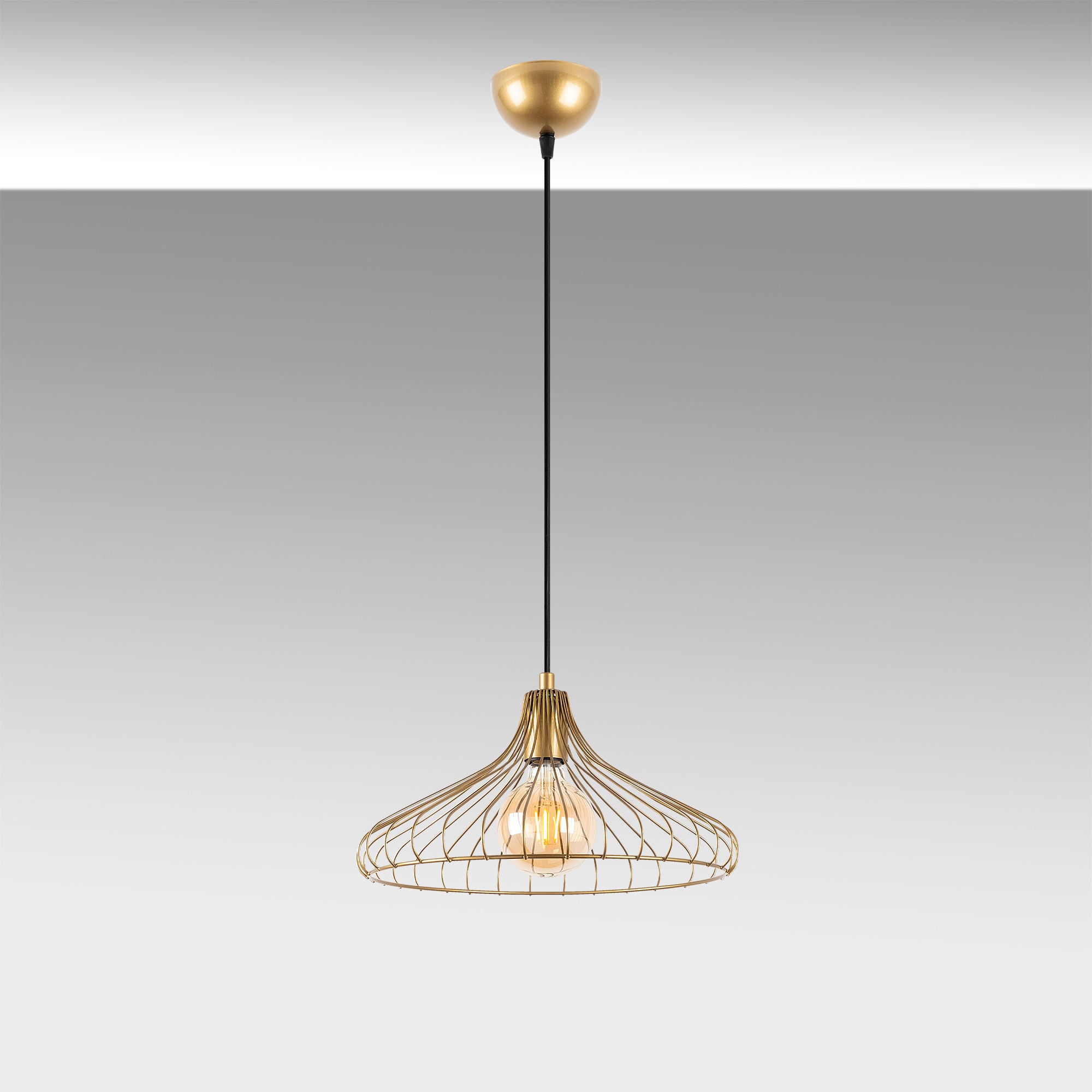Candeeiro de Teto Dourado Elegante, Corpo em Metal, 36 x 36 x 120 cm, Altura Ajustável, Soquete E27, Design Moderno e Glamouroso | Perfeito para Salas de Estar e Jantar
