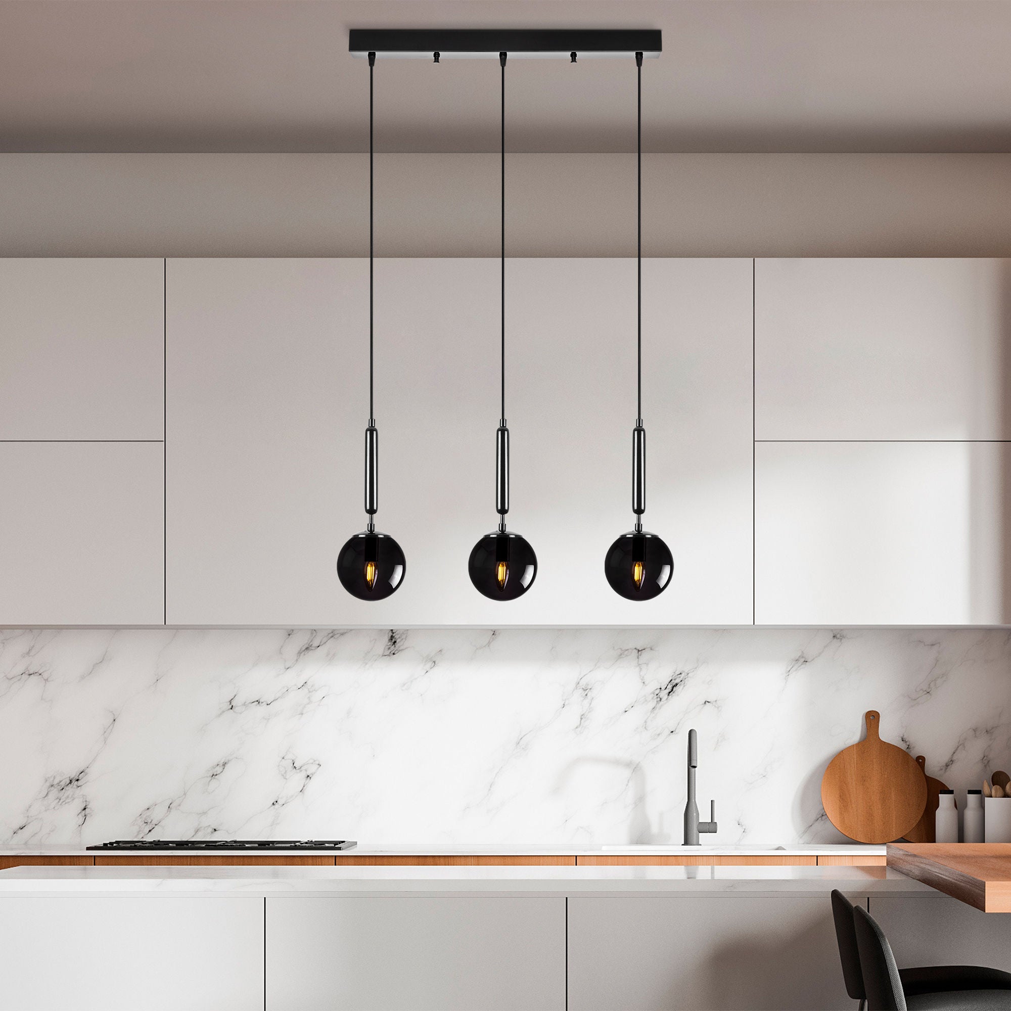 Candeeiro de Teto preto moderno, corpo de metal, altura ajustável, 62 x 15 x 134 cm | Tampa de vidro (15 cm) | 3 x E14 máx. 40 W | Design industrial e escandinavo elegante